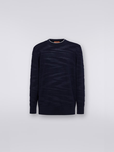 Wool and viscose crew-neck jumper with embossed working, Navy Blue  - UC23SN01BK021ZS728P
