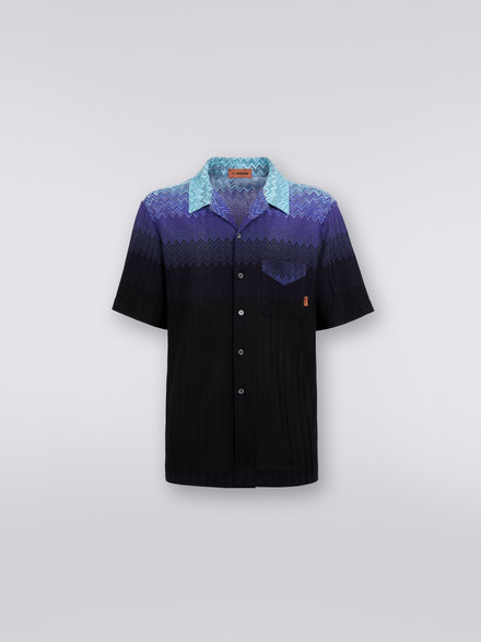 Short-sleeved cotton and viscose bowling shirt, Light Blue - US23SJ07BR00JYS728E
