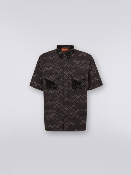 Stretch cotton gabardine bowling shirt with inserts , Black    - US23SJ0EBV00BLS91DN