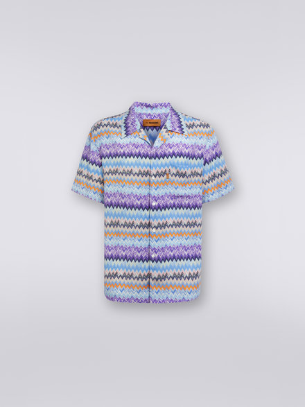 Short-sleeved chevron viscose bowling shirt, BLUE SHADE CHEVRON - US23SJ0RBW00PHS72CB