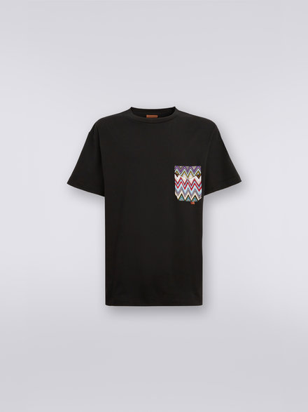Crew-neck cotton T-shirt with multicoloured knit pocket, Black    - US23SL09BJ00E0S91DQ