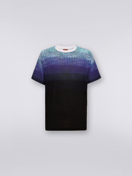 Cotton and viscose knit crew-neck T-shirt with chevron motif, Light Blue - US23SL0BBR00JYS728E