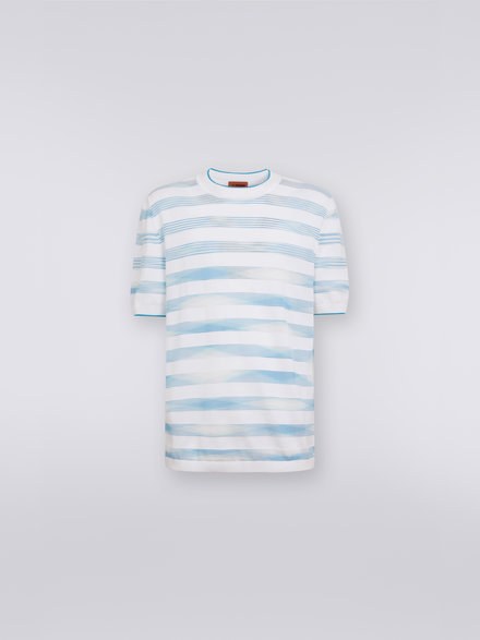 Cotton and viscose striped crew-neck T-shirt, White & Sky Blue - US23SL16BK020QS016E