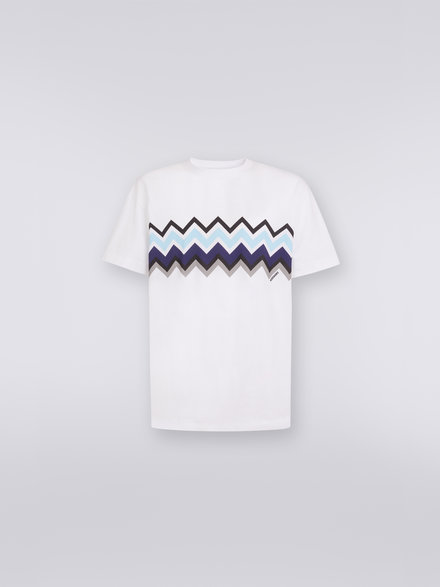 Zigzag cotton jersey crew-neck T-shirt, White, Black & Blue   - US23SL19BJ00EYS7296