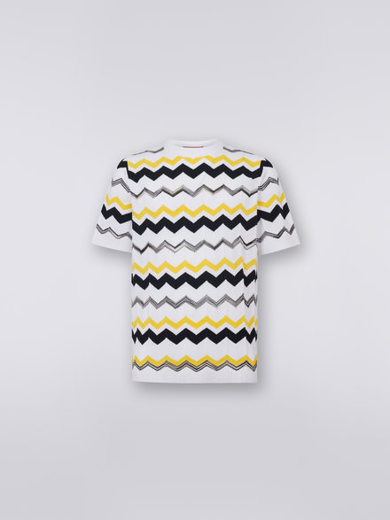 Short-sleeved crew-neck T-shirt in chevron cotton knit, White, Beige & Yellow - US23SL1BBK023NS016X