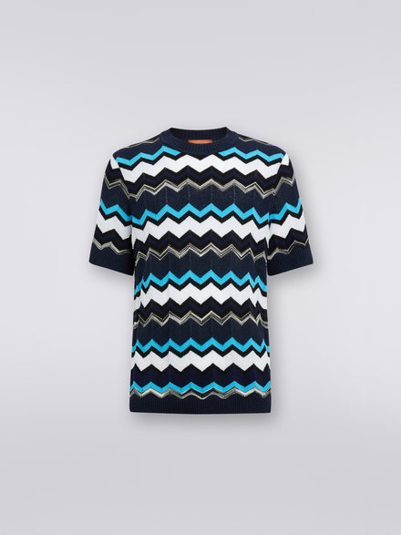 Short-sleeved crew-neck T-shirt in chevron cotton knit, White, Black & Blue   - US23SL1BBK023NS728Z