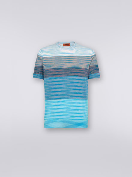 Short-sleeved crew-neck T-shirt in cotton knit with dégradé stripes, White & Sky Blue - US23SL1CBK012QS7294