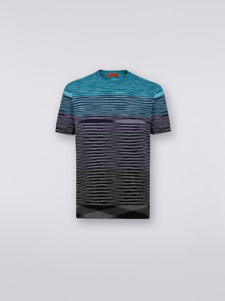 Short-sleeved crew-neck T-shirt in cotton knit with dégradé stripes, Blue, Purple & Black - US23SL1CBK012QS91DS
