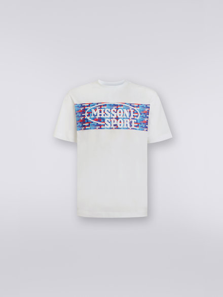 Camiseta de algodón con cuello redondo, estampado e inscripción del logotipo, Blanco  - US23SL1FBJ00F6S017E