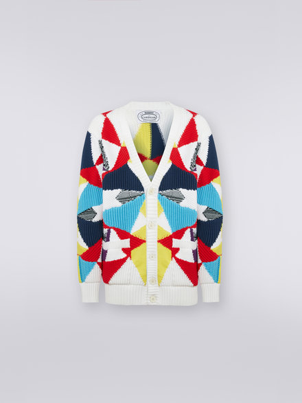Cotton blend cardigan with multi-point intarsia details, Multicoloured - US23SM0SBK022WSM8MX