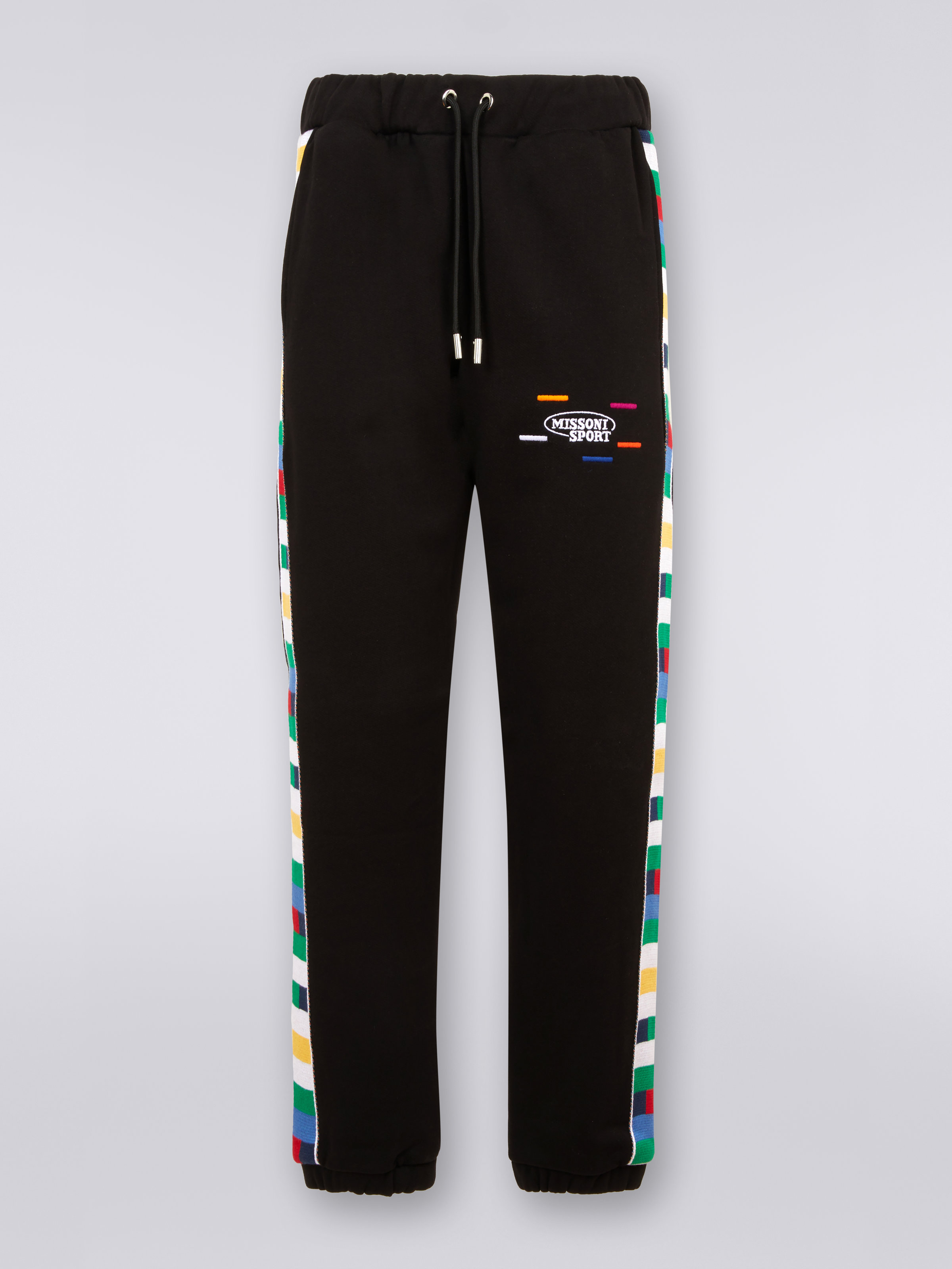 Cotton sports trousers with knitted bands, Black & Multicoloured  - 0