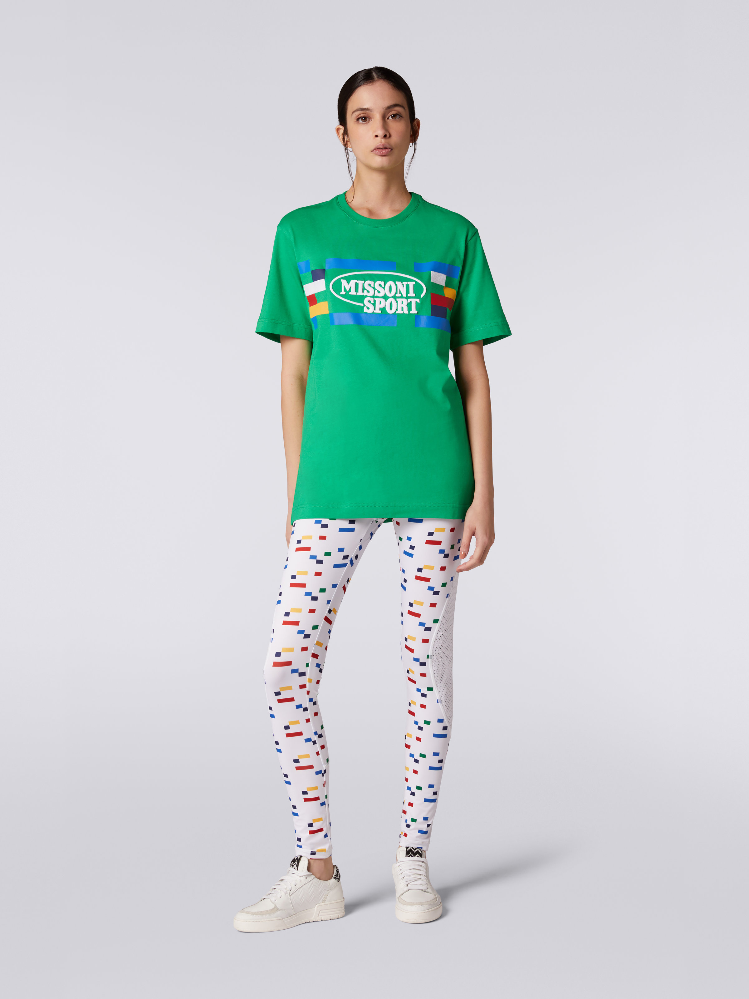 Crew-neck cotton T-shirt with logo and contrasting piping, Green & Multicoloured  - 1