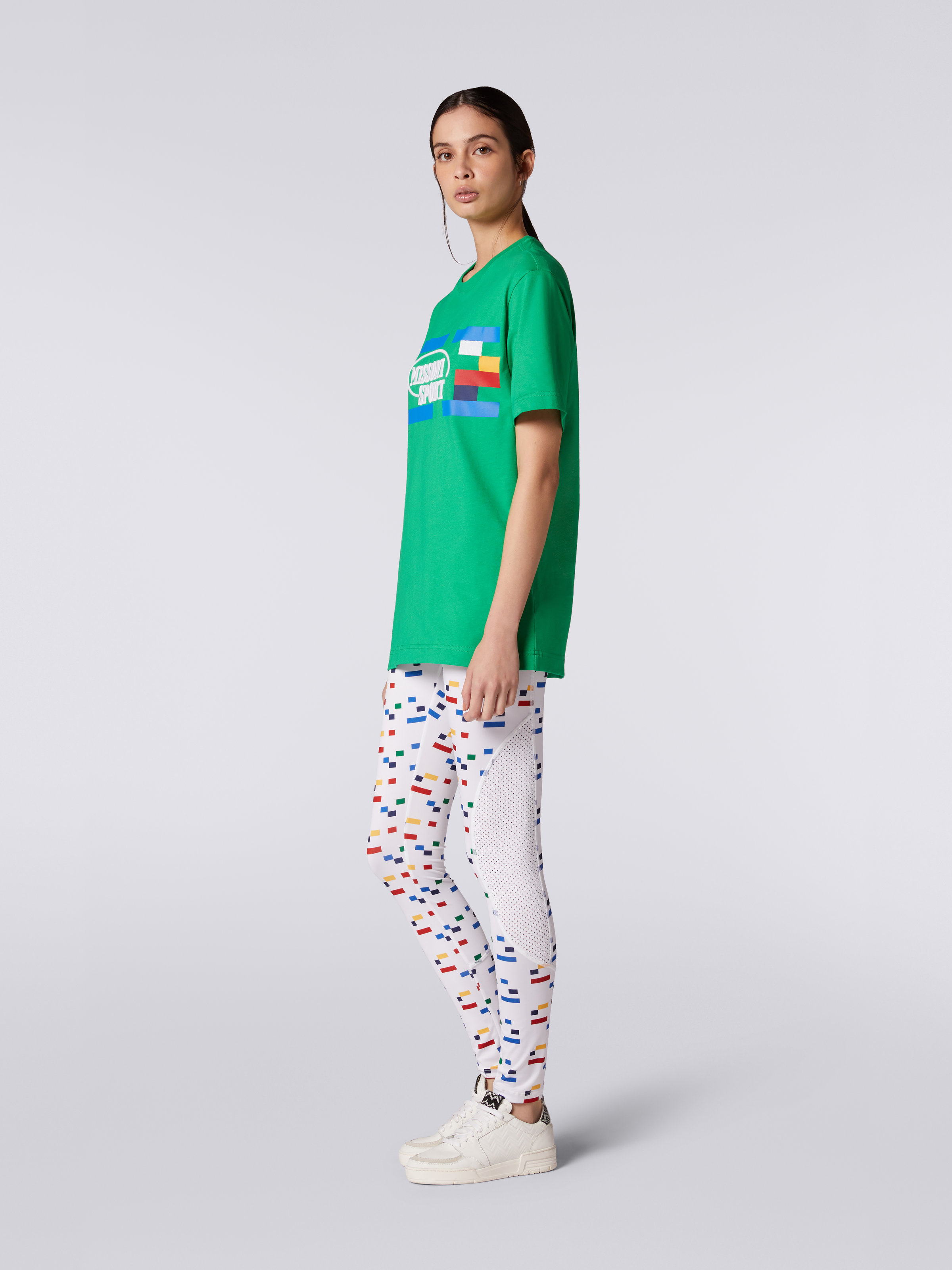 Crew-neck cotton T-shirt with logo and contrasting piping, Green & Multicoloured  - 2