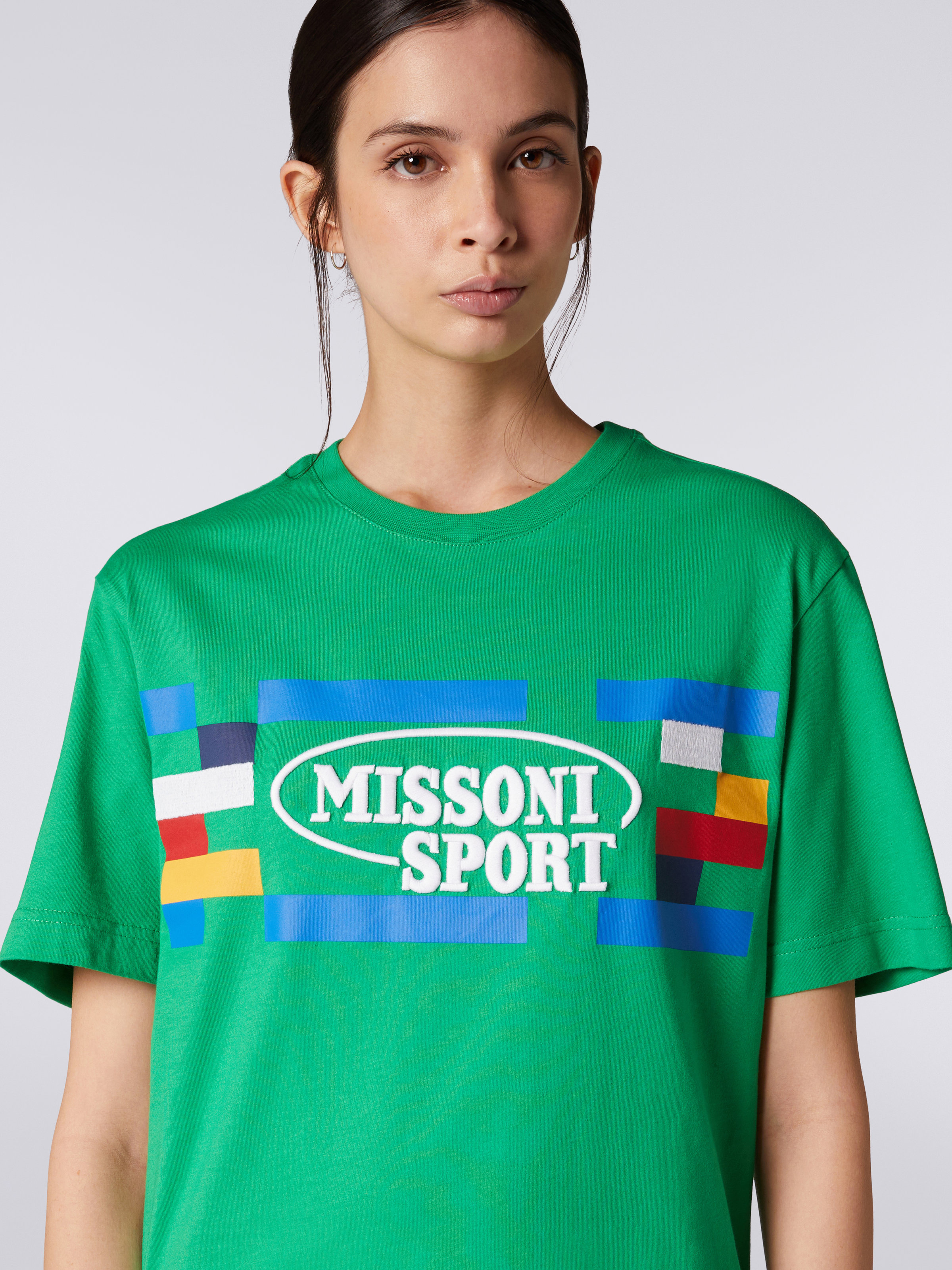 Crew-neck cotton T-shirt with logo and contrasting piping, Green & Multicoloured  - 4