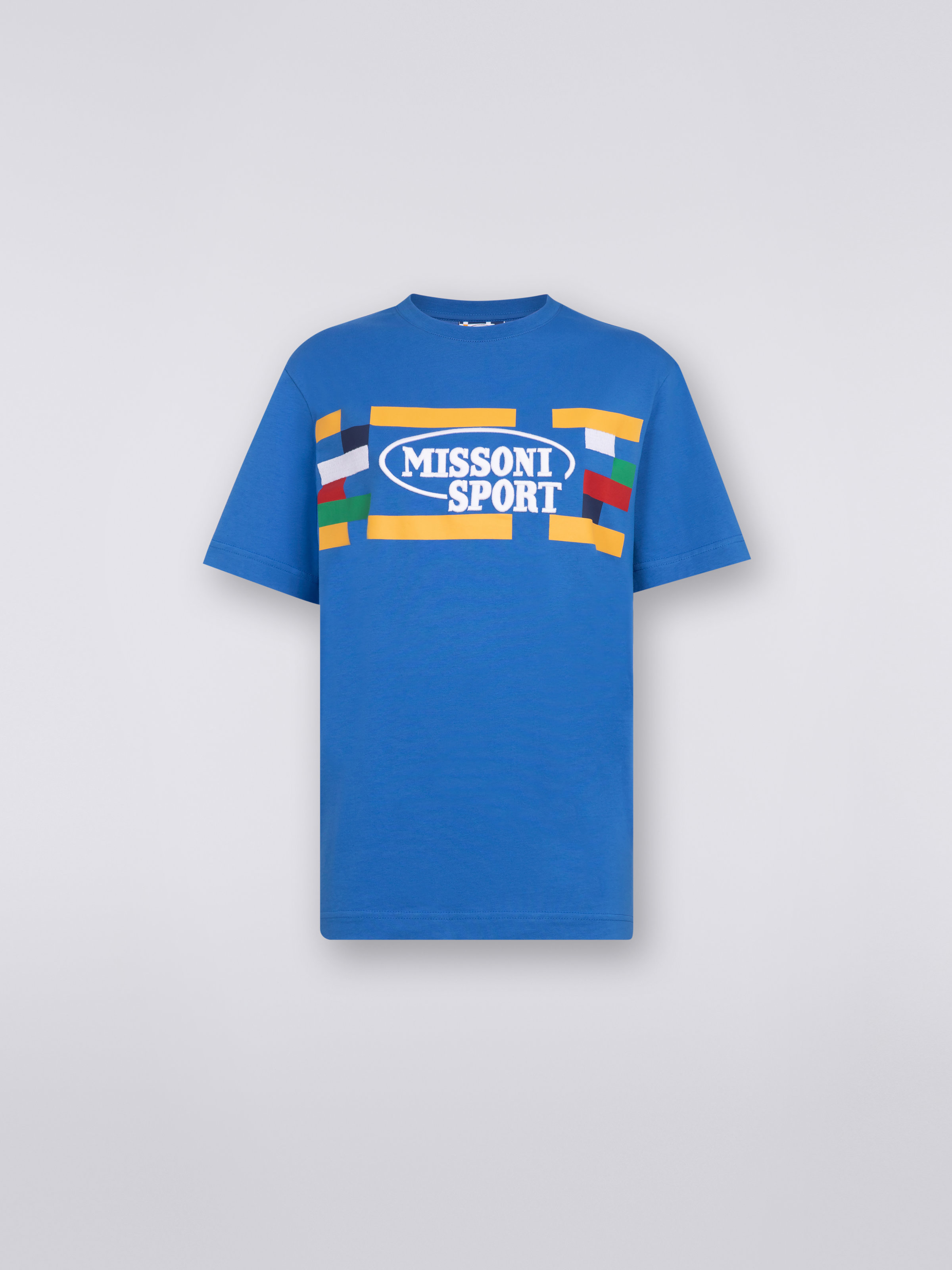 Crew-neck cotton T-shirt with logo and contrasting piping, Light Blue & Multicoloured Heritage - 0