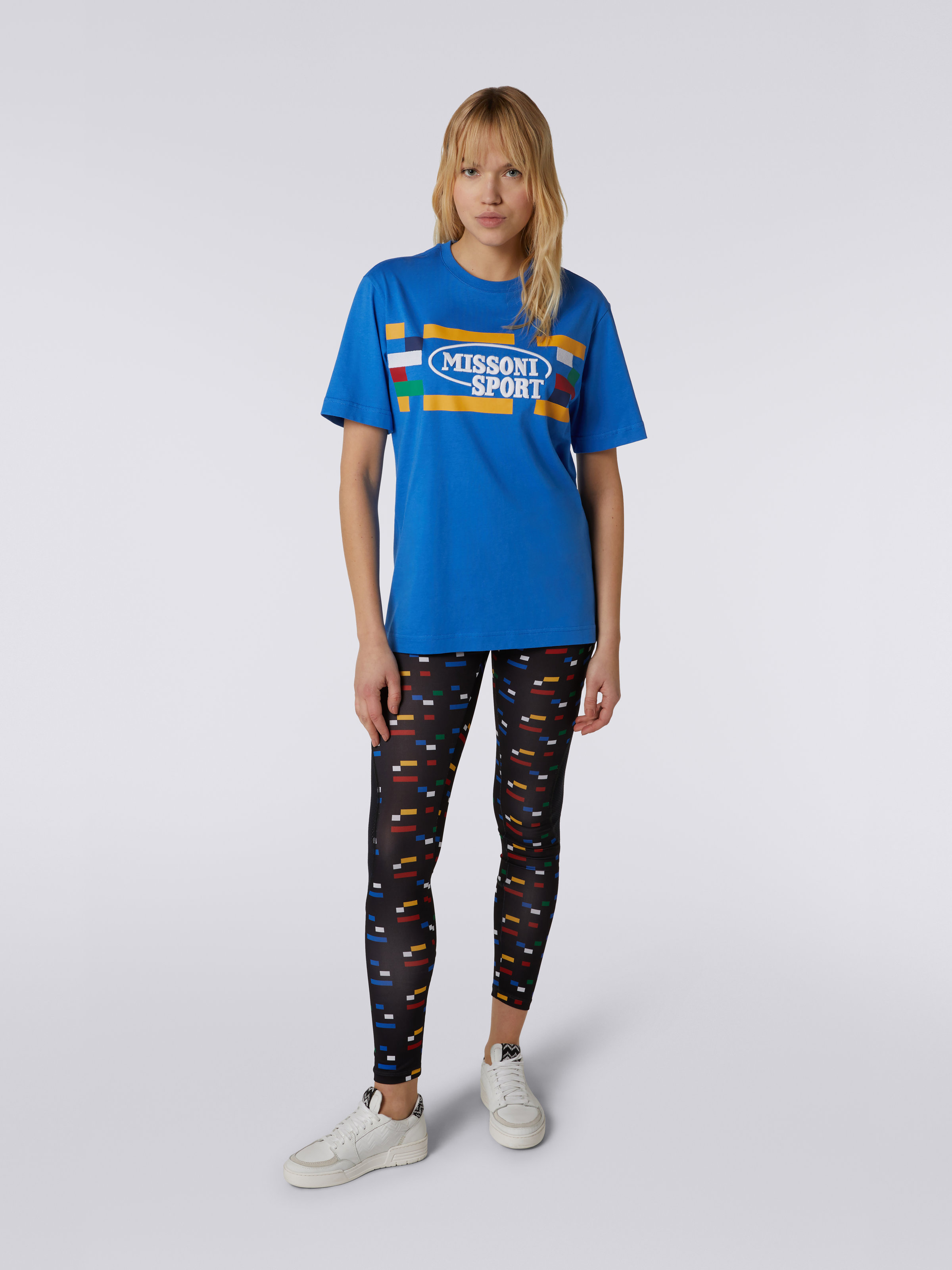 Crew-neck cotton T-shirt with logo and contrasting piping, Light Blue & Multicoloured Heritage - 1