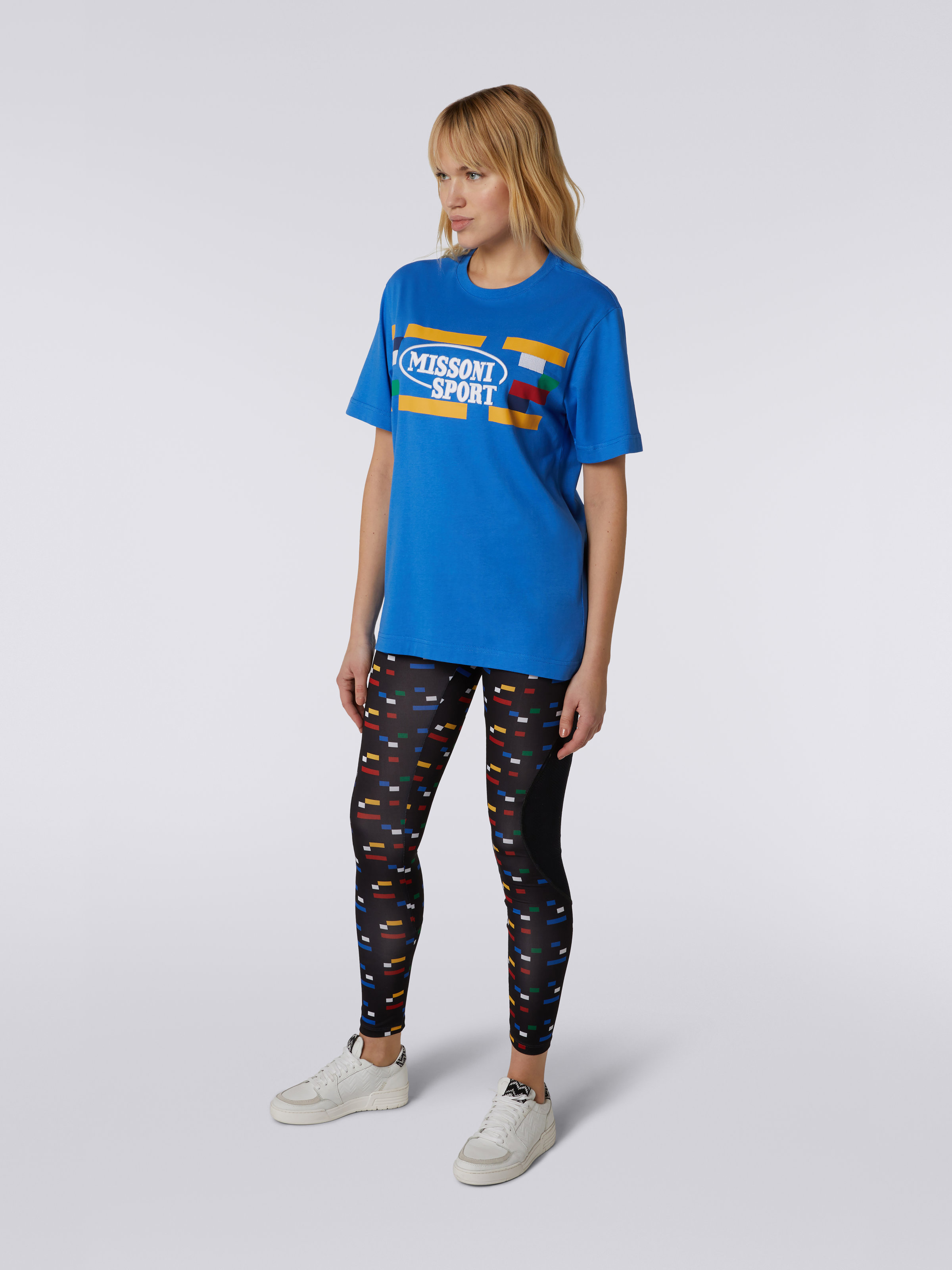 Crew-neck cotton T-shirt with logo and contrasting piping, Light Blue & Multicoloured Heritage - 2