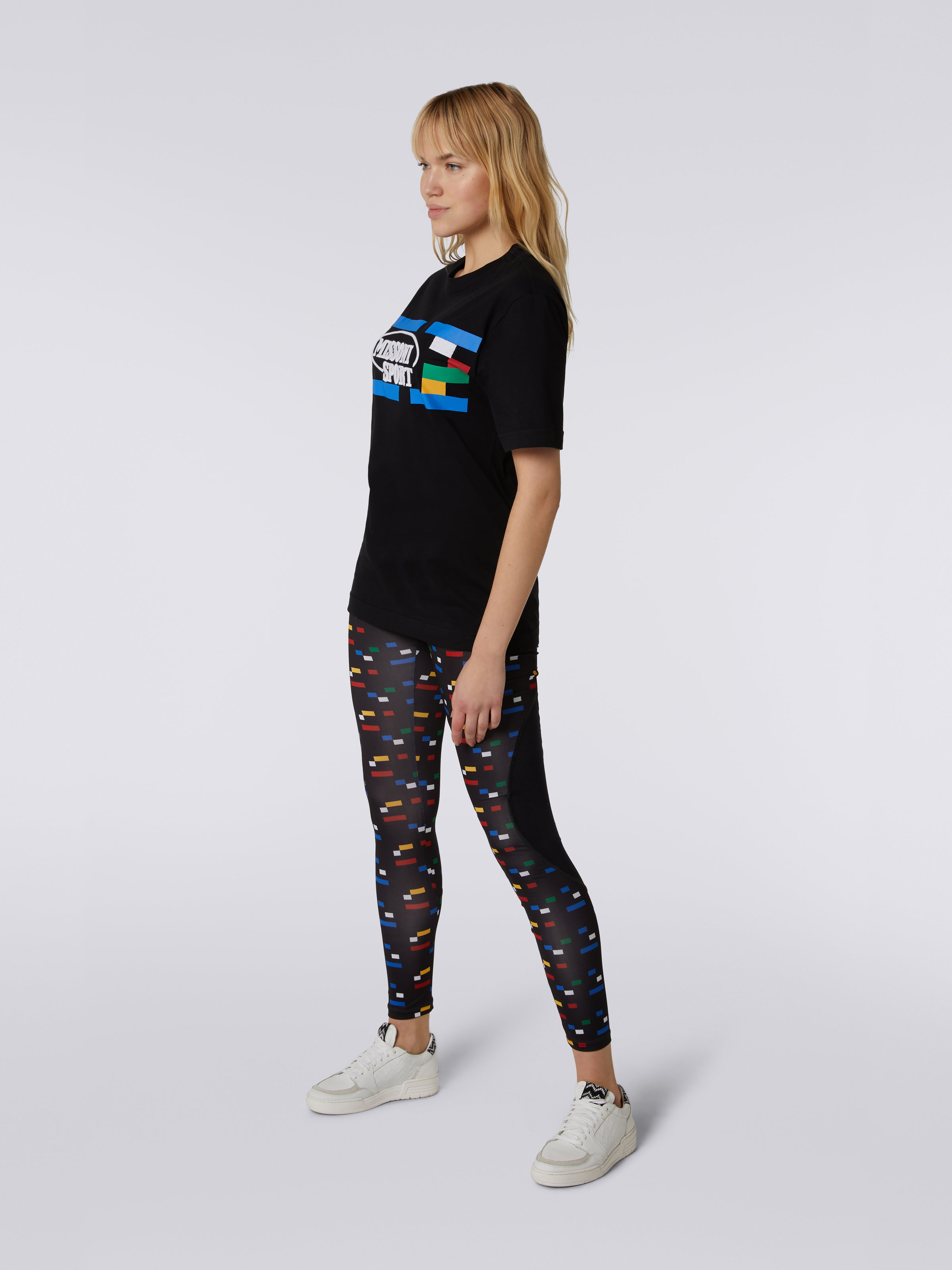 Crew-neck cotton T-shirt with logo and contrasting piping, Black & Multicoloured  - 2