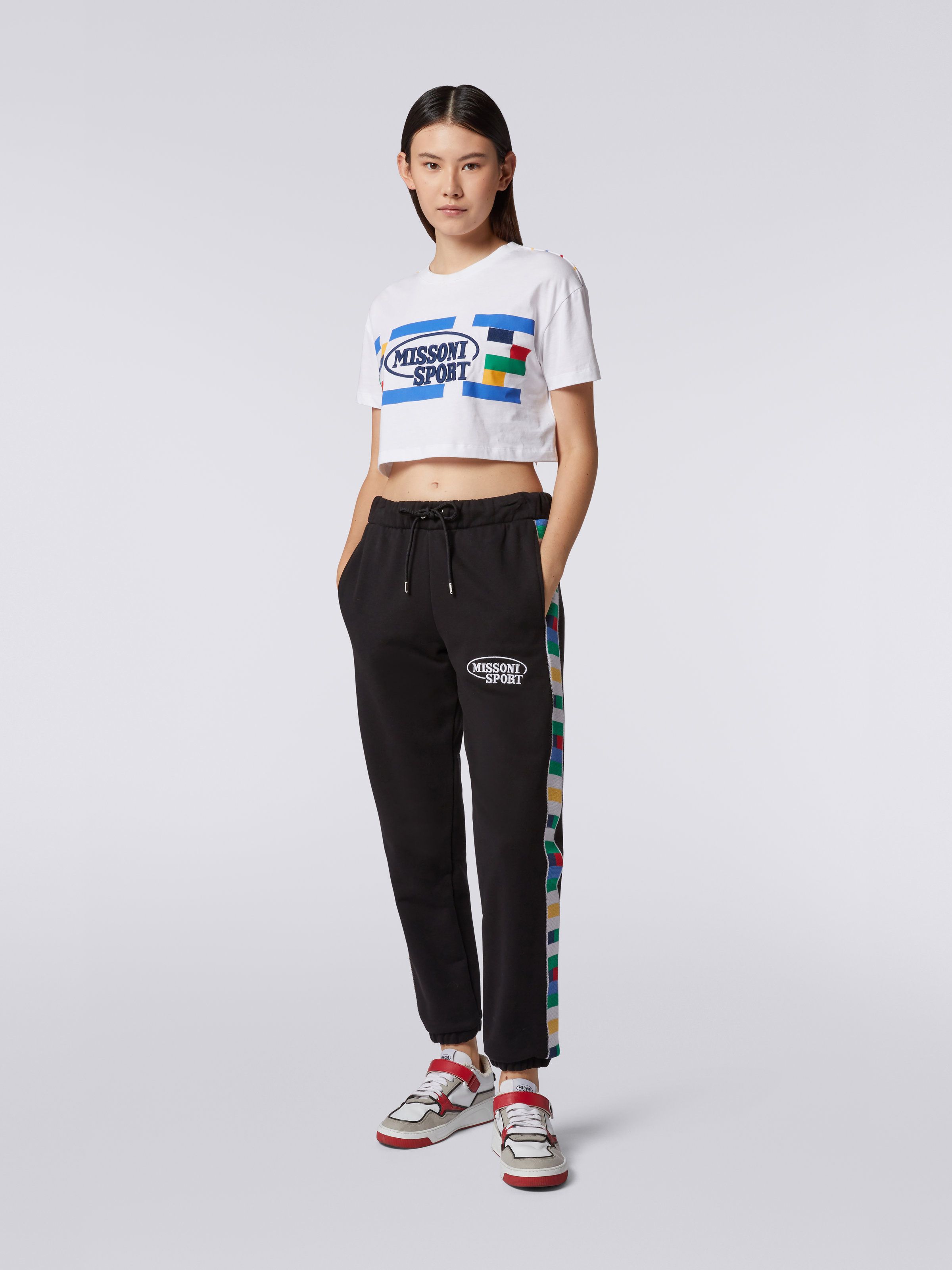 Cotton crop top with Legacy logo print and embroidery, White & Multicoloured Heritage - 1