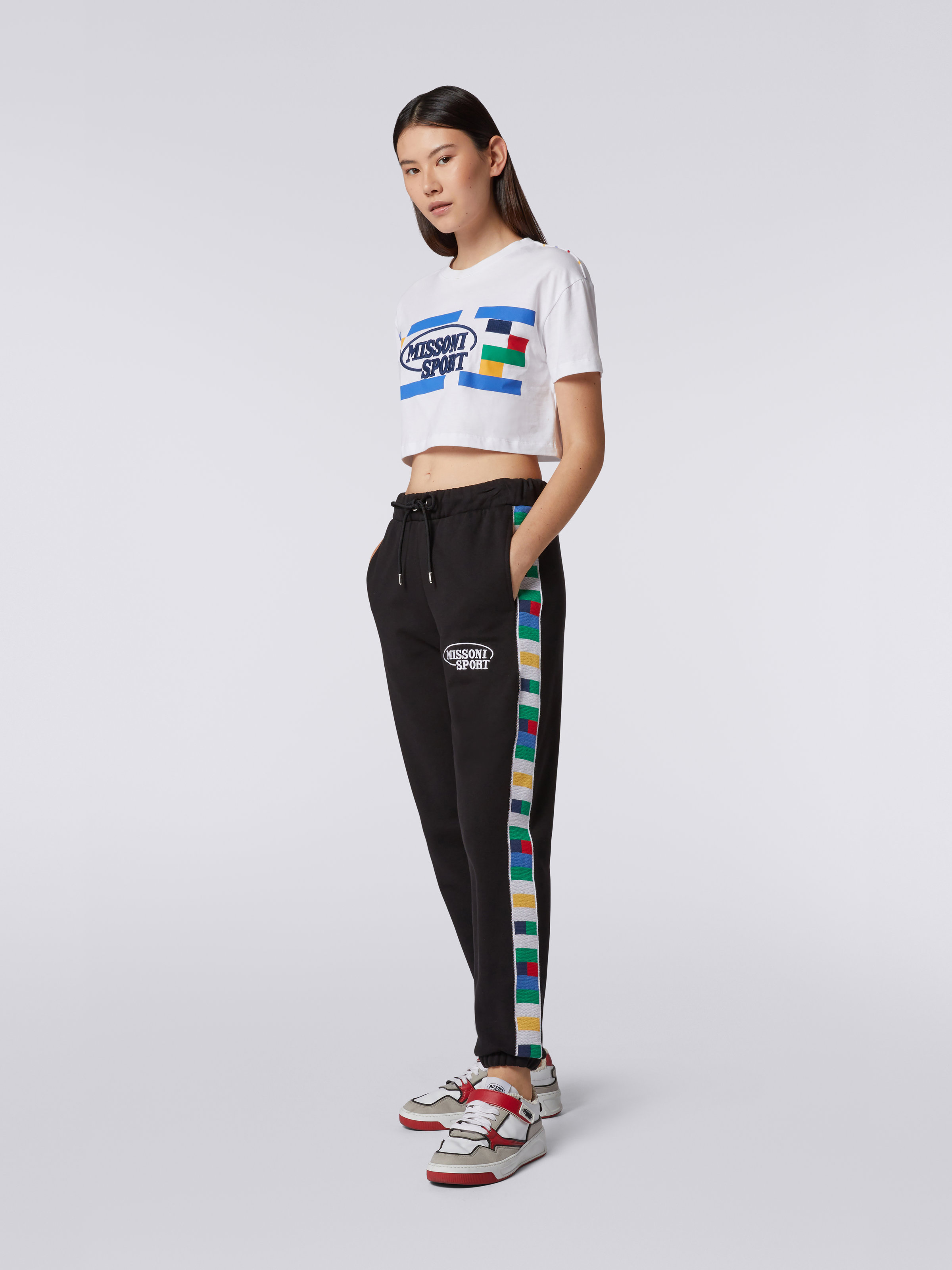 Cotton crop top with Legacy logo print and embroidery, White & Multicoloured Heritage - 2