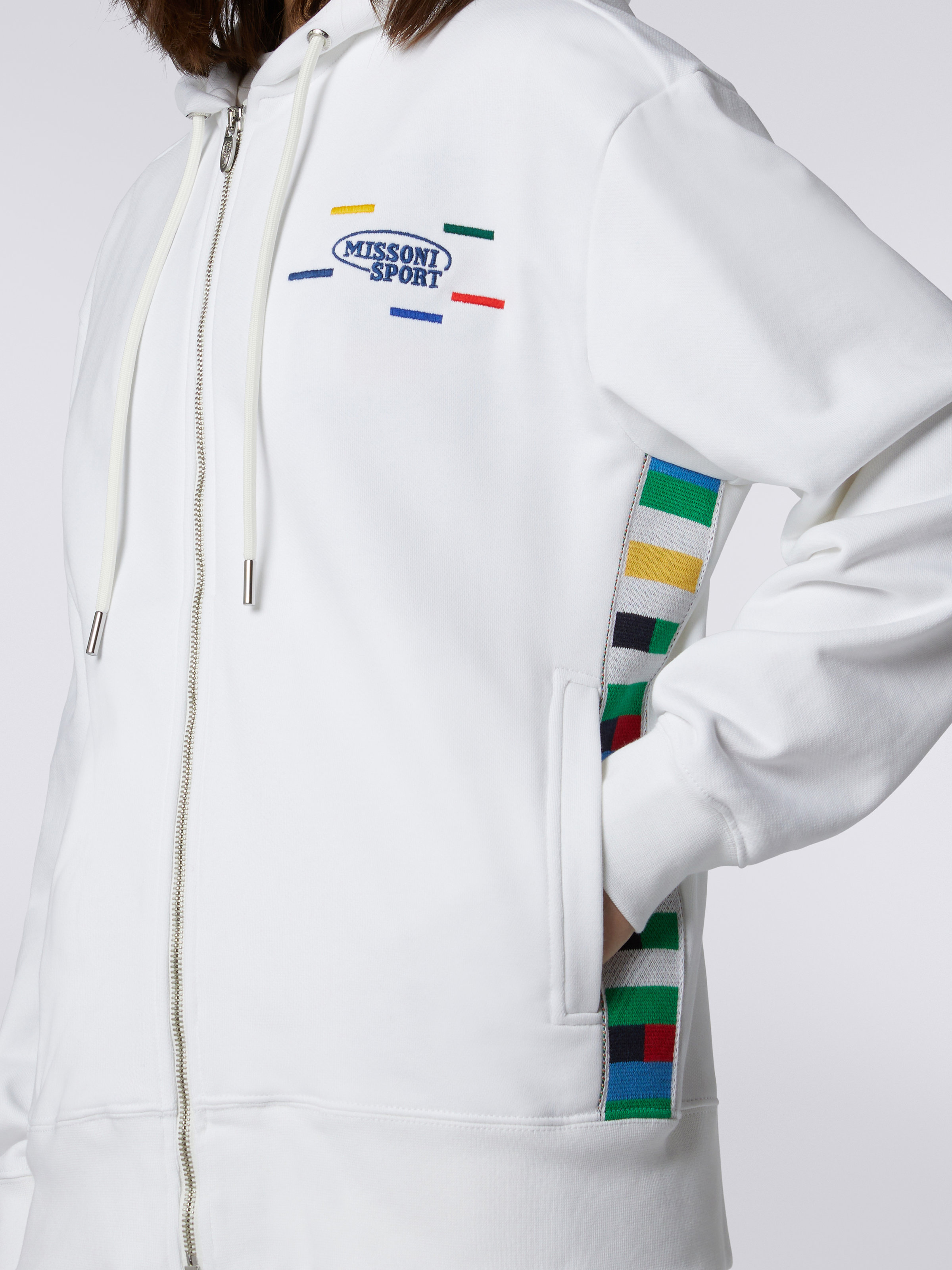 Full-zip hooded sweatshirt with knitted bands, White & Multicoloured Heritage - 4