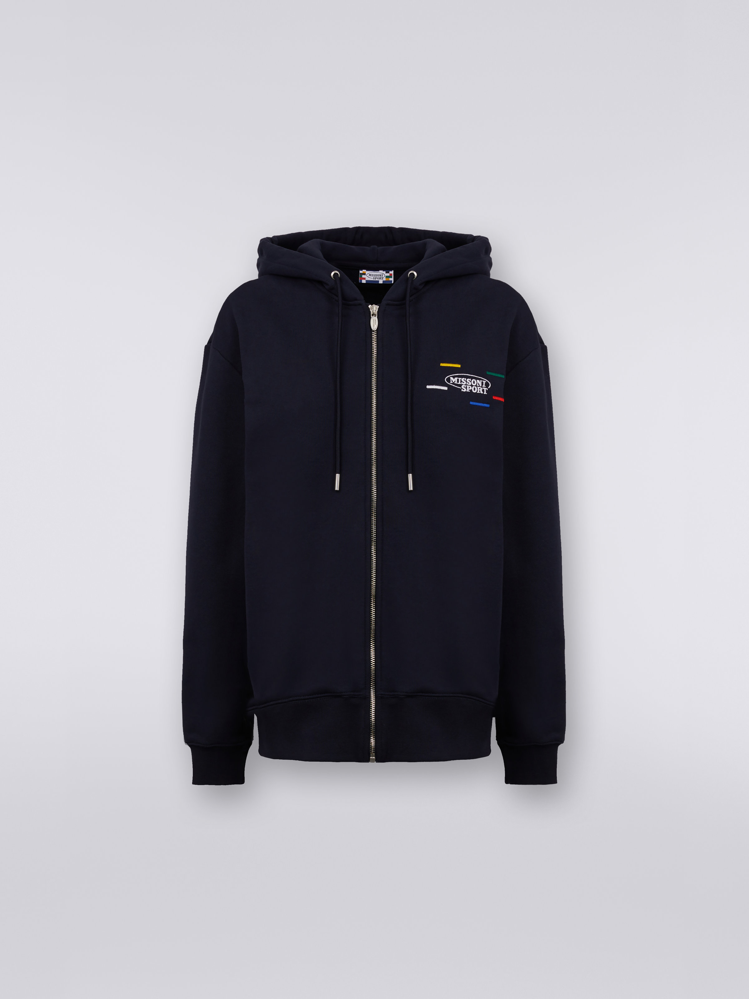 Full-zip hooded sweatshirt with knitted bands, Navy Blue  - 0