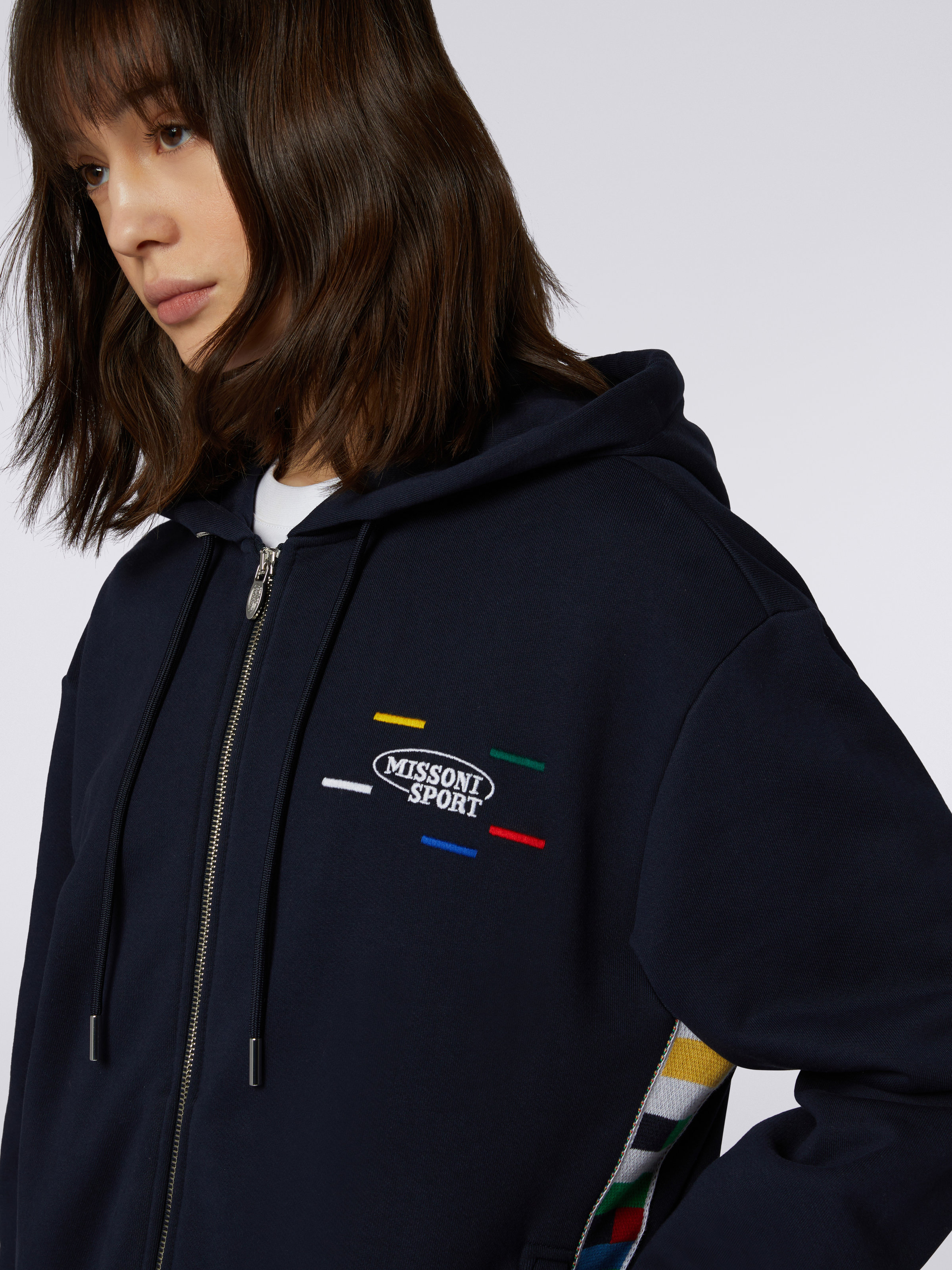 Full-zip hooded sweatshirt with knitted bands, Navy Blue  - 4