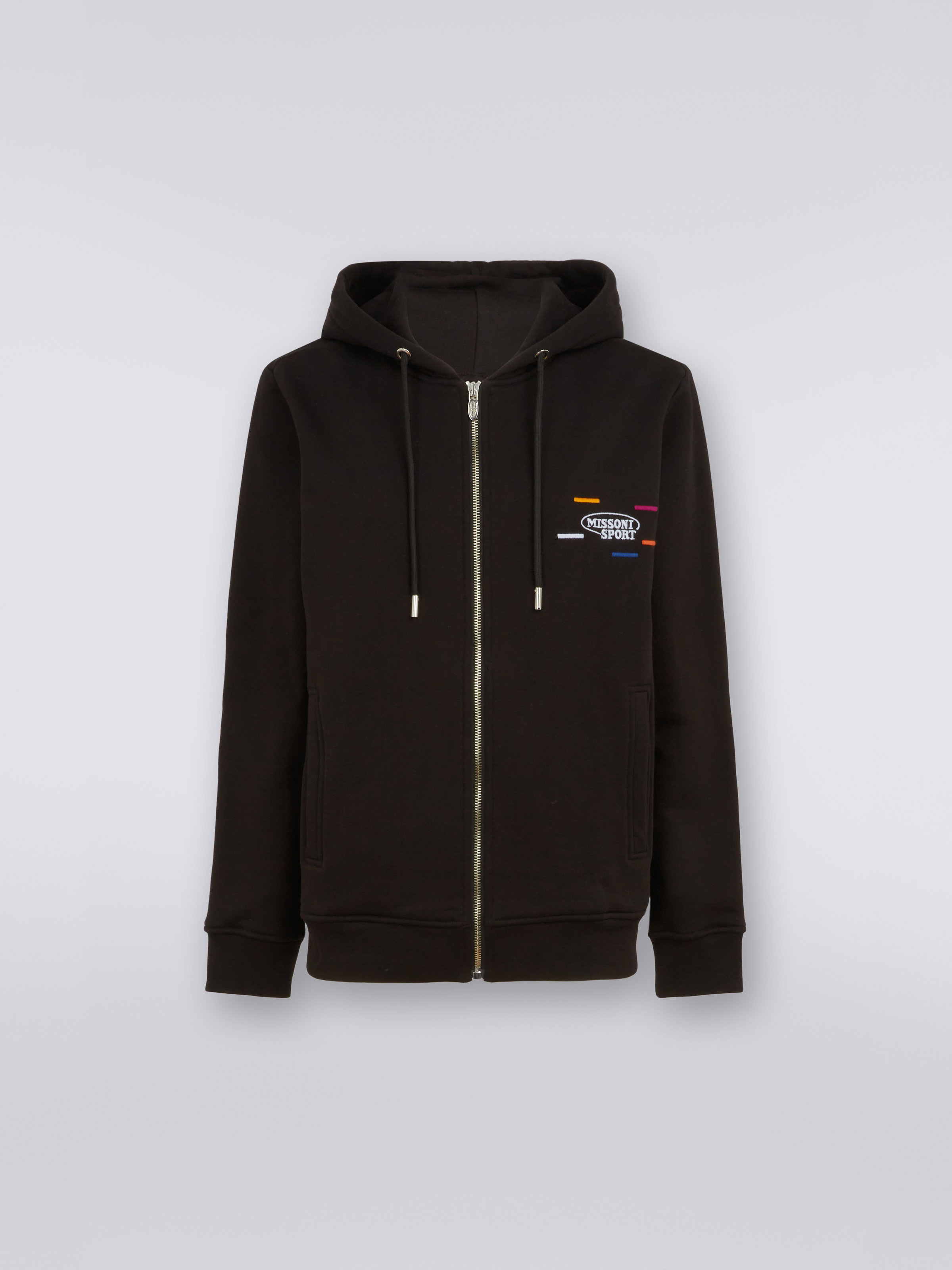 Full-zip hooded sweatshirt with knitted bands, Black & Multicoloured  - 0