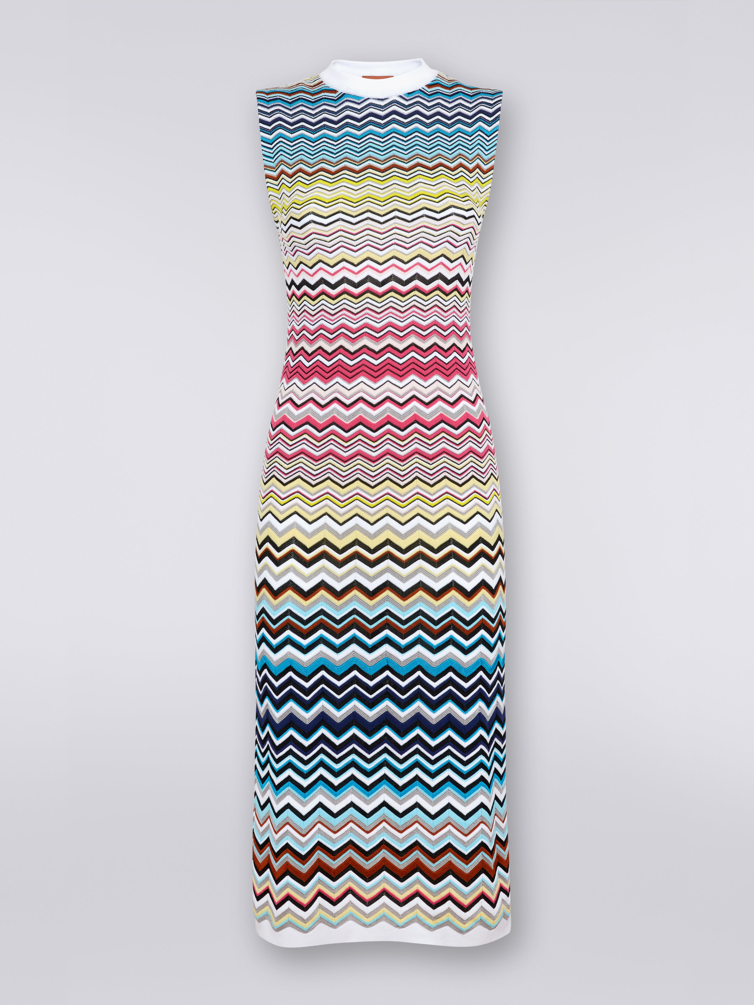 Sleeveless cotton and viscose chevron longuette dress, Multicoloured  - 0