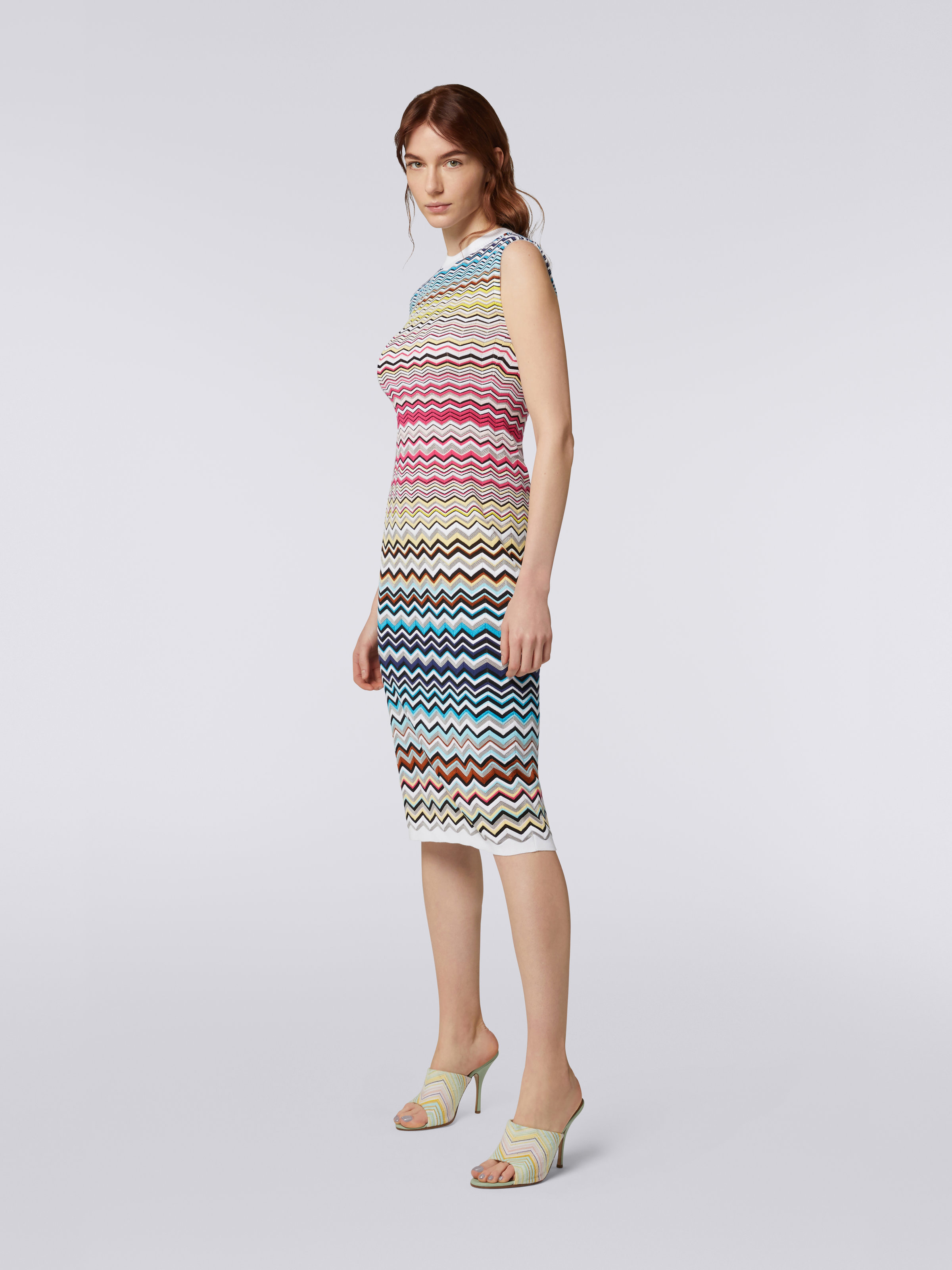 Sleeveless cotton and viscose chevron longuette dress, Multicoloured  - 2