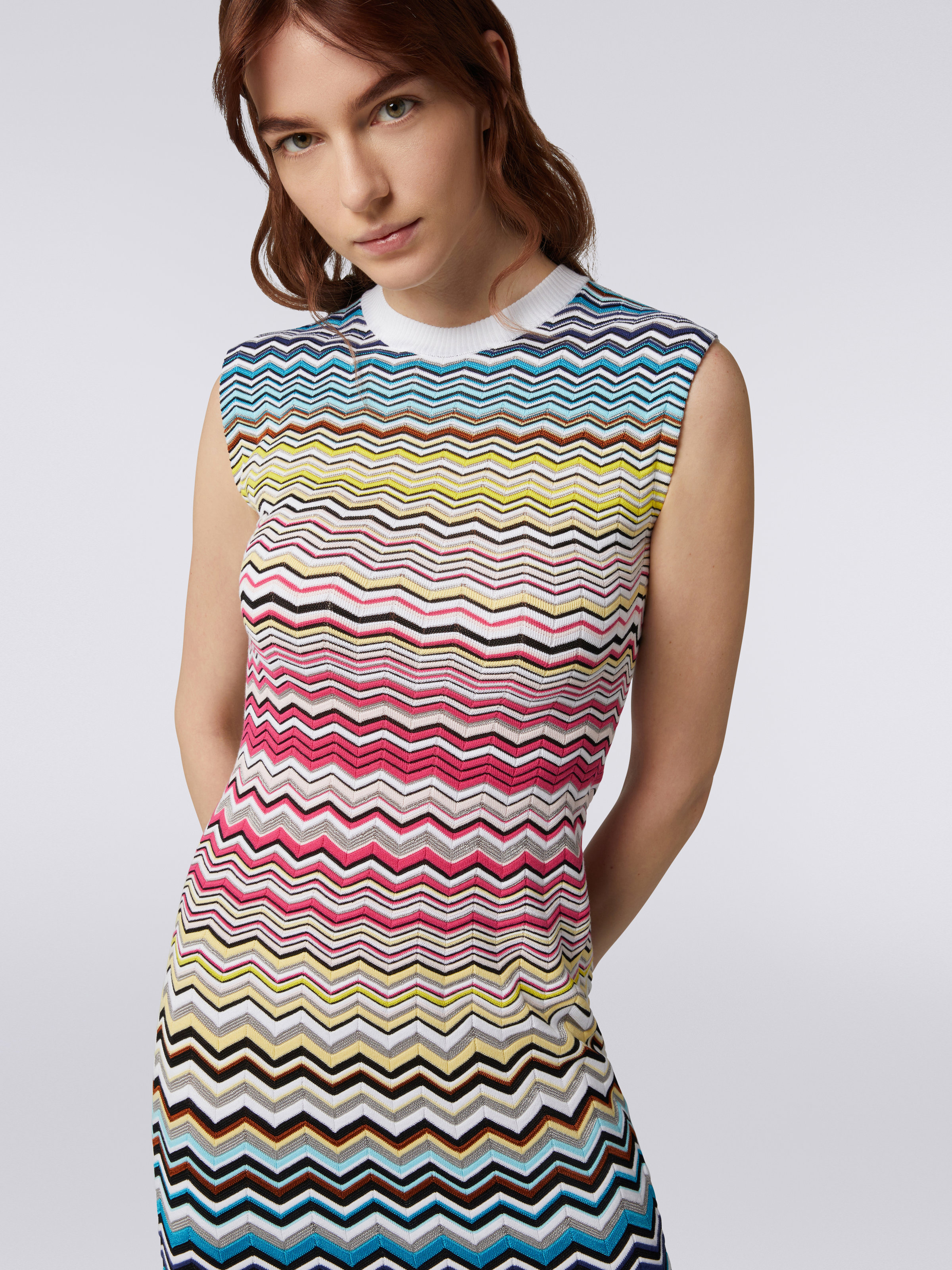 Sleeveless cotton and viscose chevron longuette dress, Multicoloured  - 4