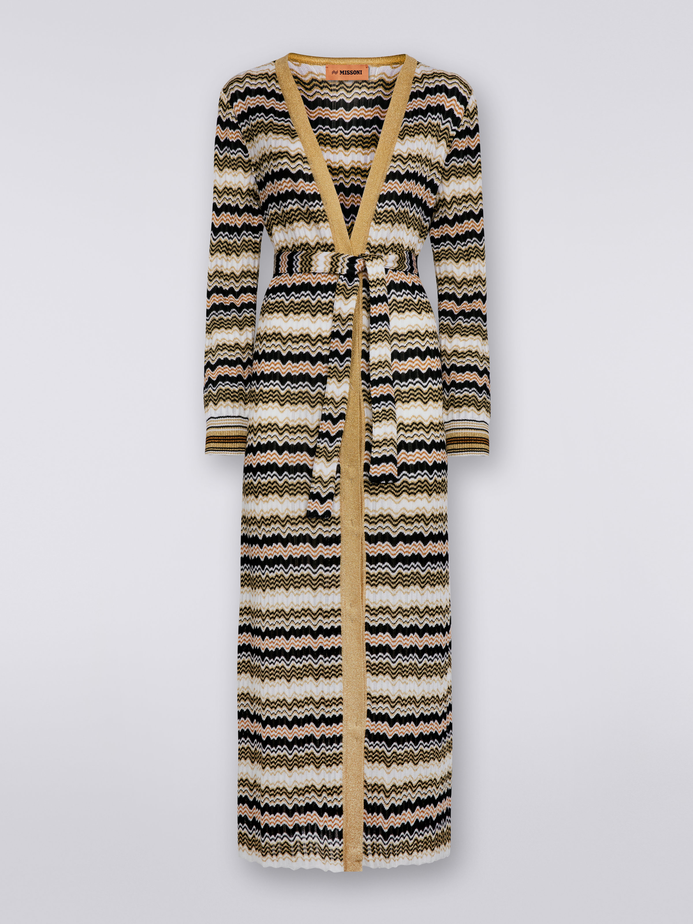 Long viscose blend knit cardigan with belt, White, Black & Gold - 0