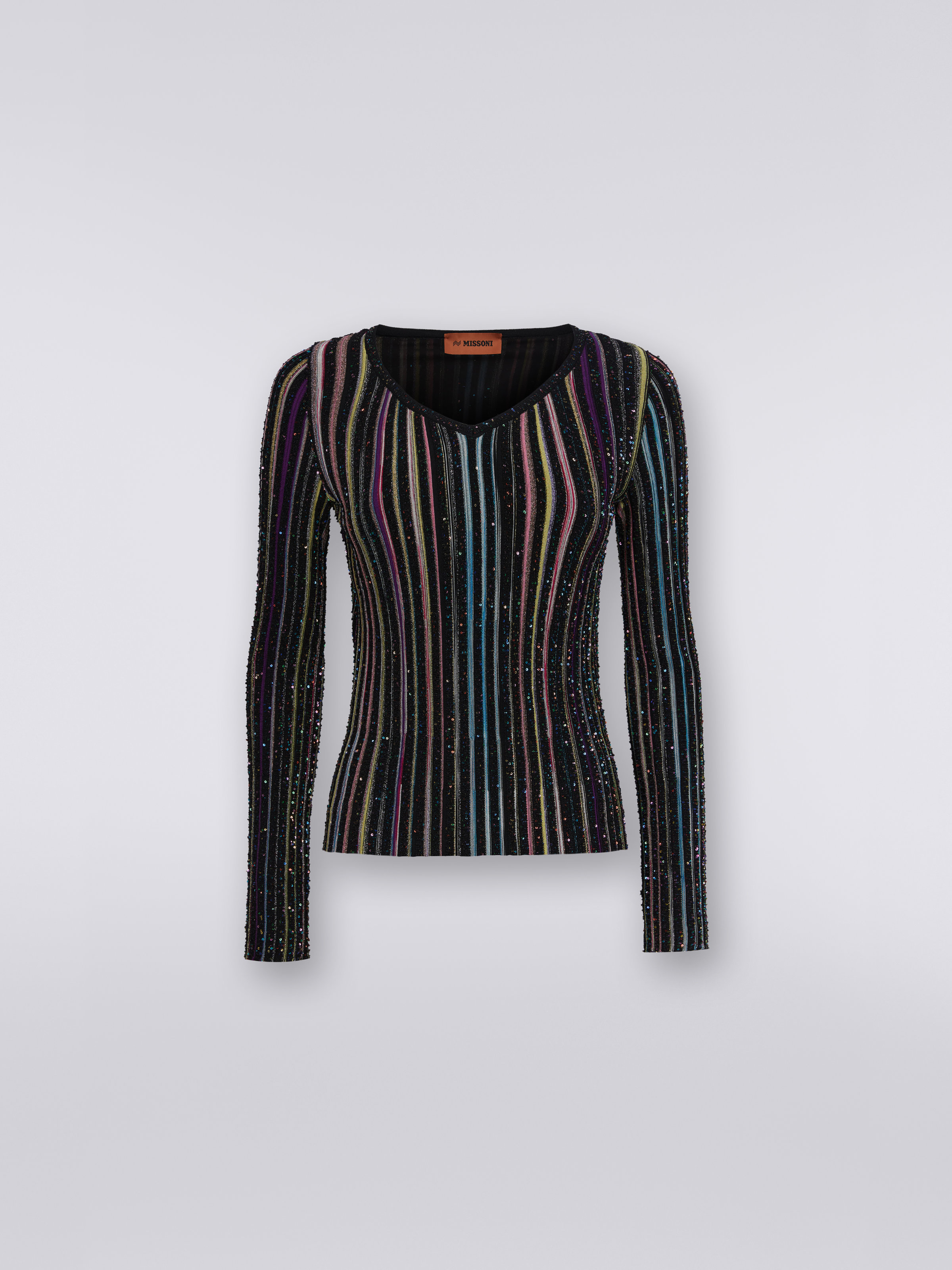 Long-sleeved ribbed sweater with sequins, Black & Multicoloured - 0