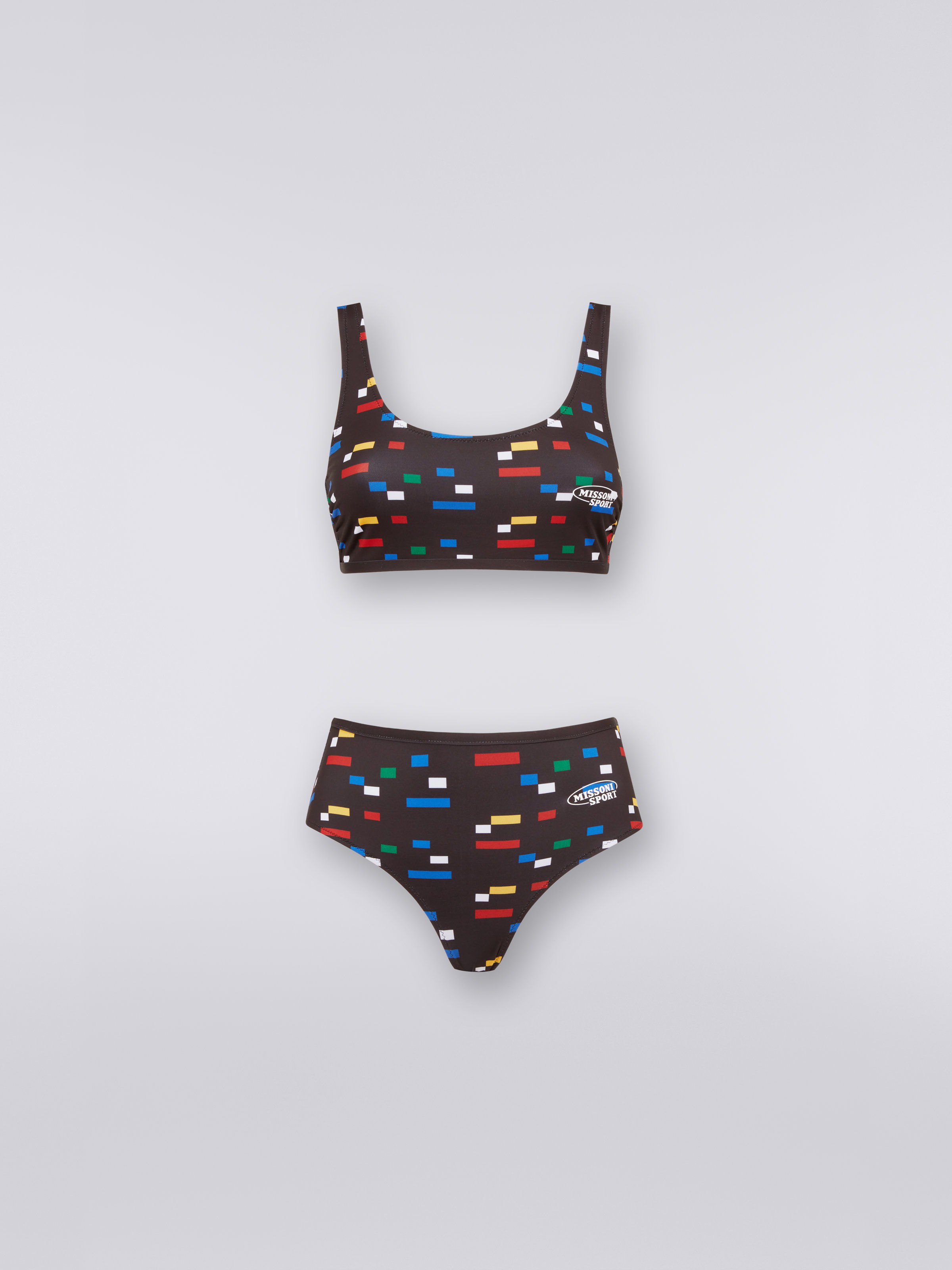 Sporty bikini in technical stretch fabric with pixel print, Black & Multicoloured - 0
