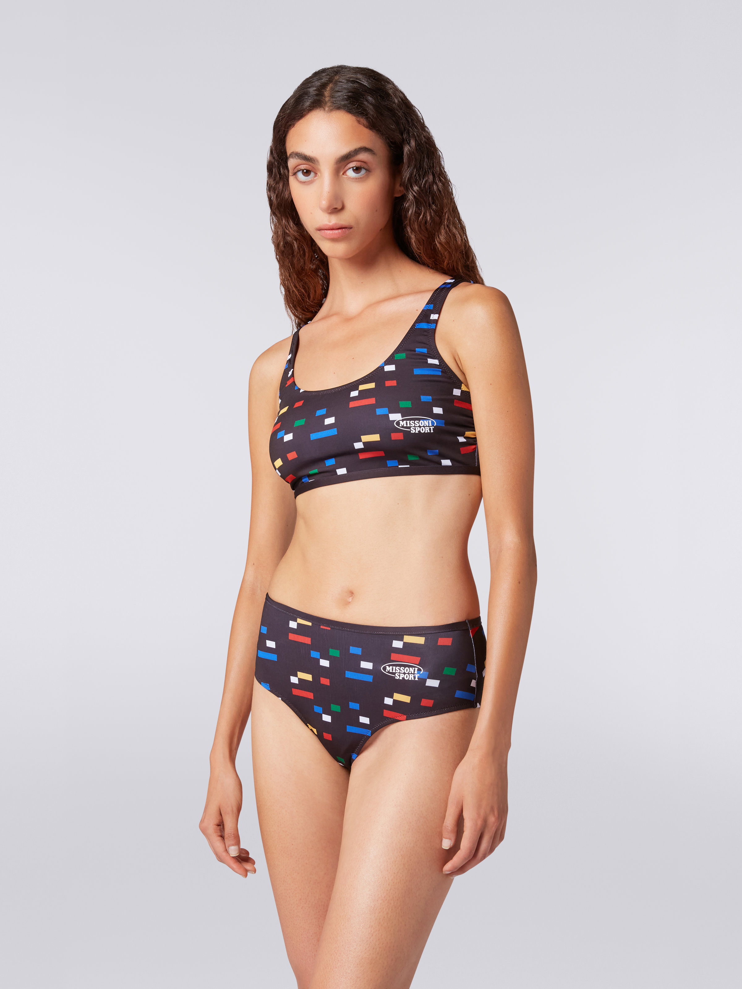 Sporty bikini in technical stretch fabric with pixel print, Black & Multicoloured - 1