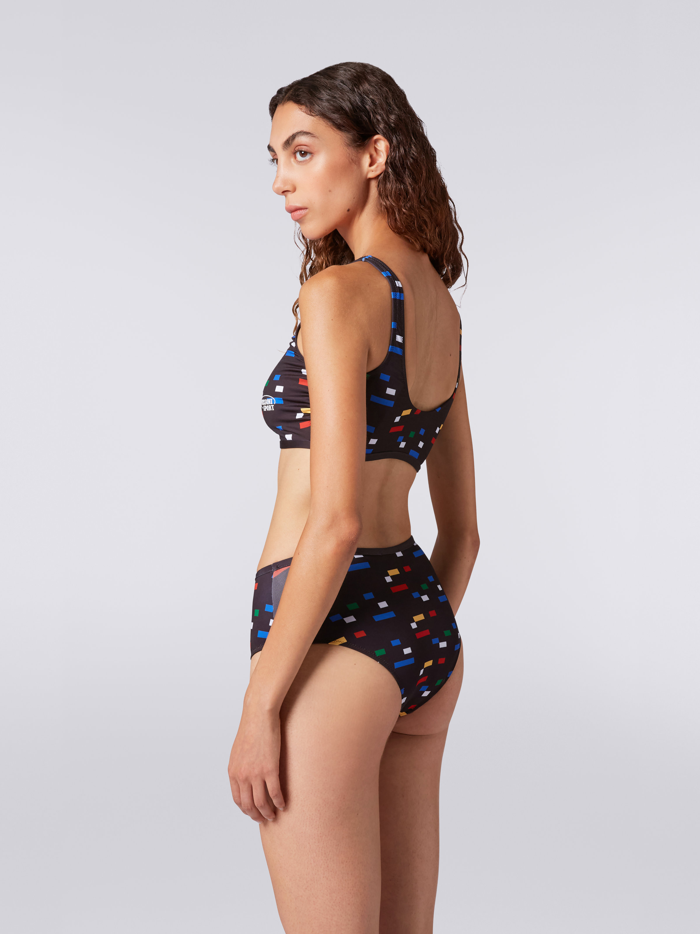 Sporty bikini in technical stretch fabric with pixel print, Black & Multicoloured - 3