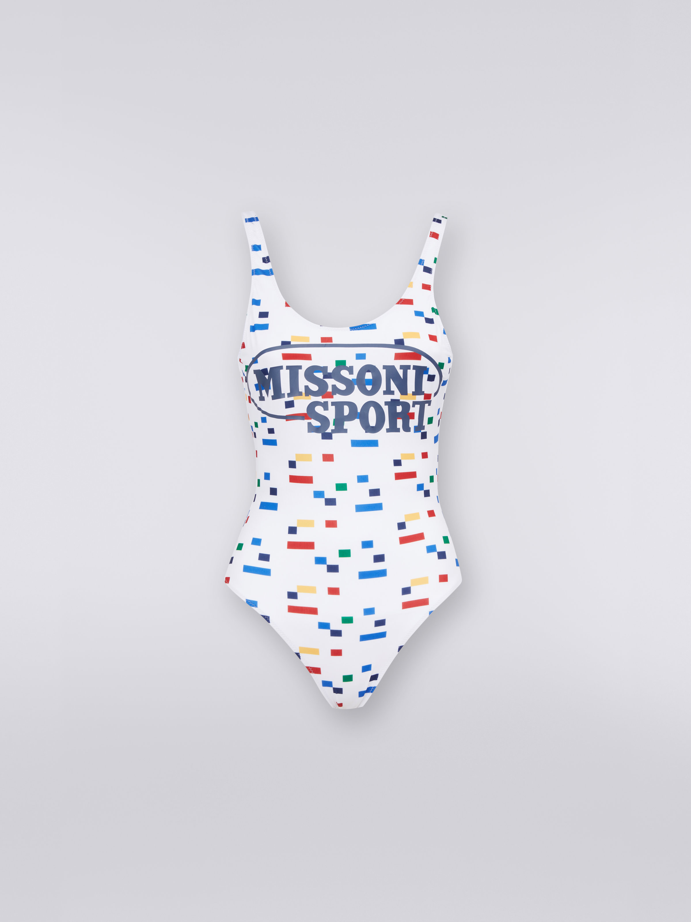 Sporty pixel print one-piece swimming costume, White & Multicoloured Heritage - 0