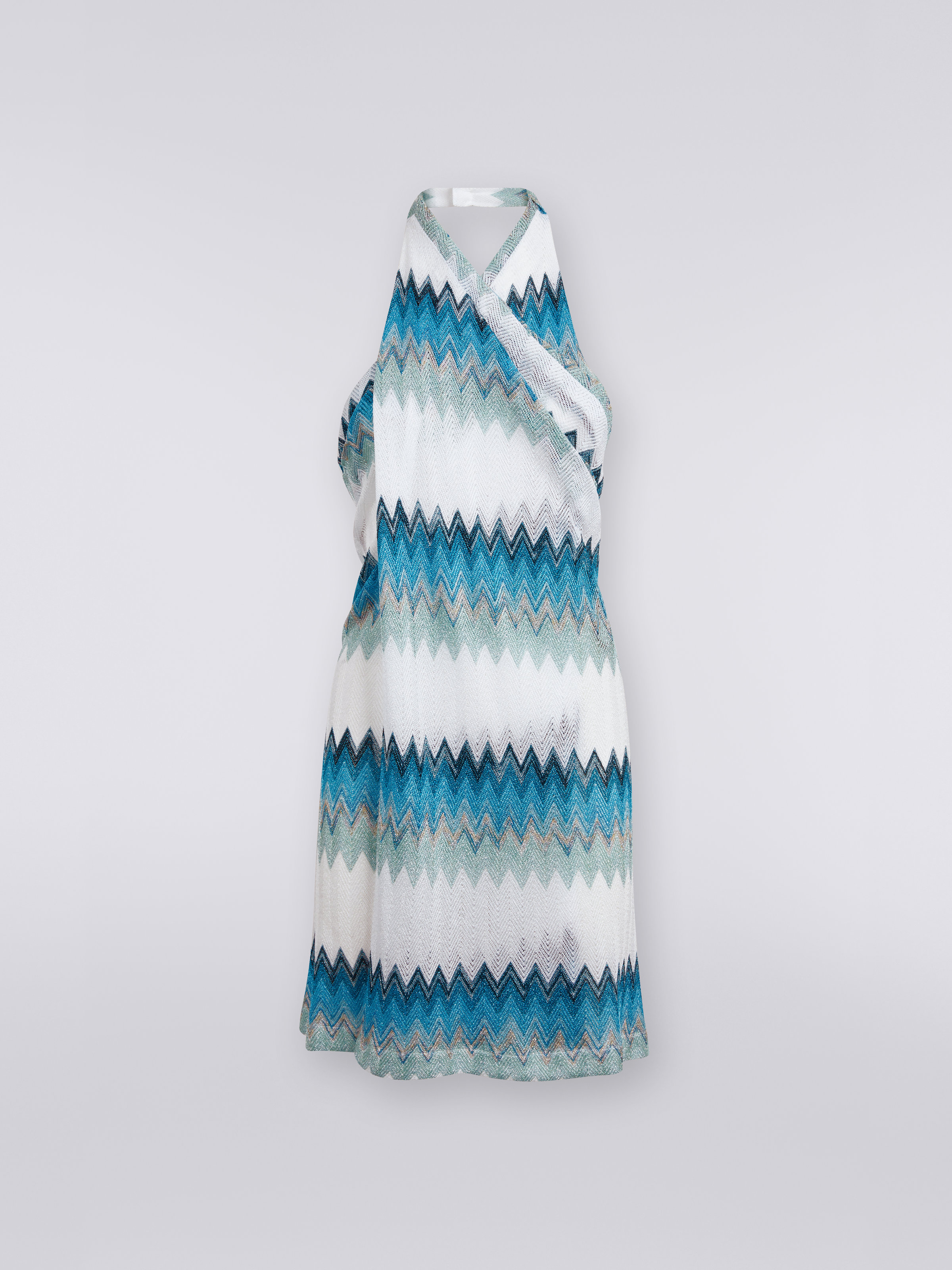 Sarong piece cover up dress with lamé zigzag, White, Blue & Sky Blue - 0