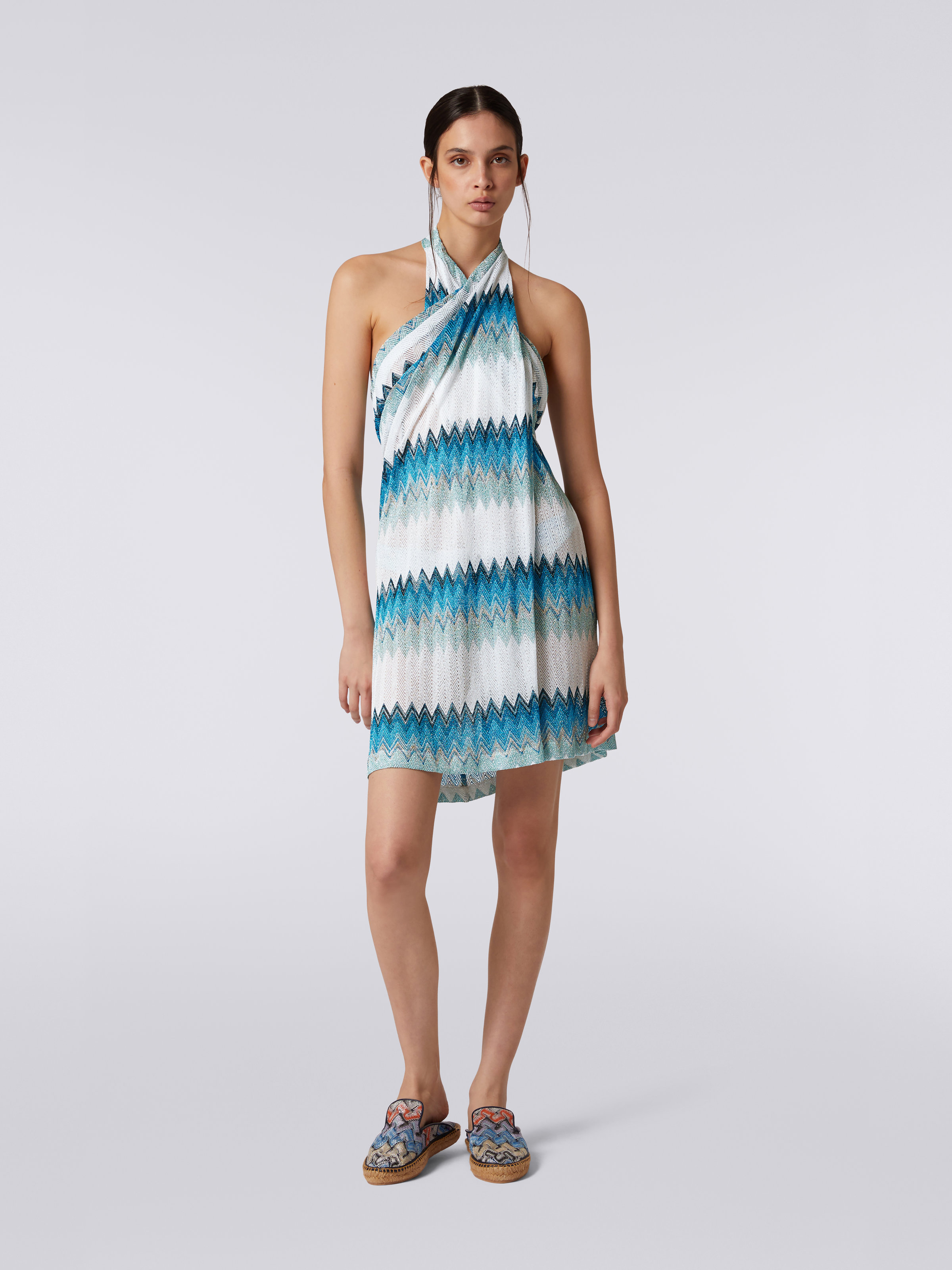Sarong piece cover up dress with lamé zigzag, White, Blue & Sky Blue - 1