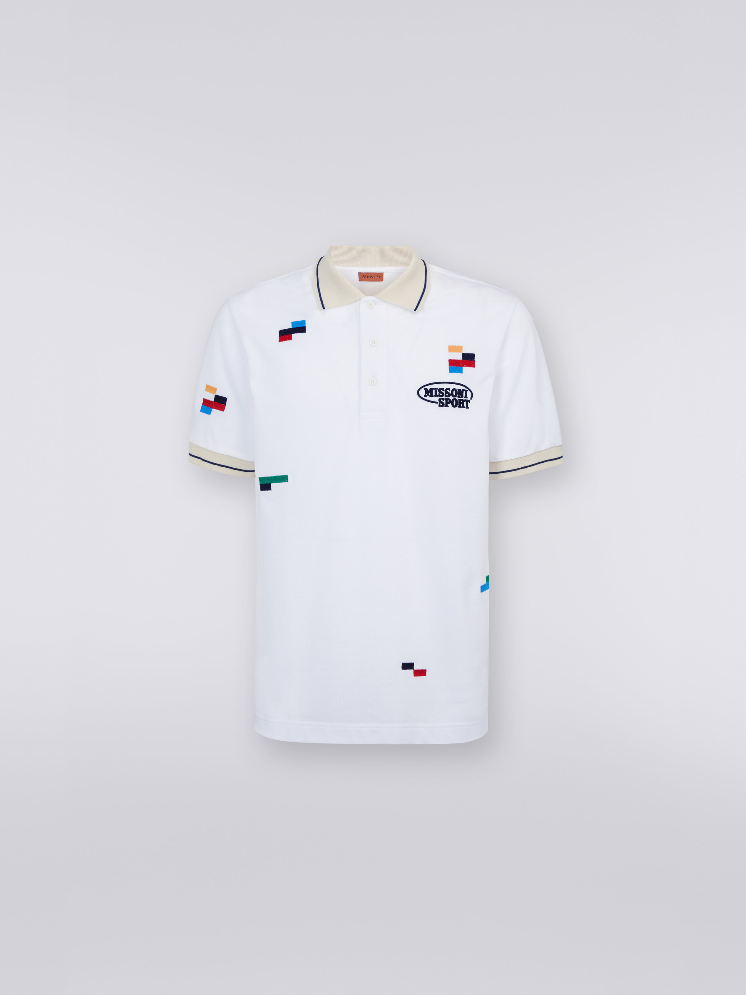 Short-sleeved polo shirt in cotton piqué with embroidered pixels, White & Multicoloured Heritage - 0