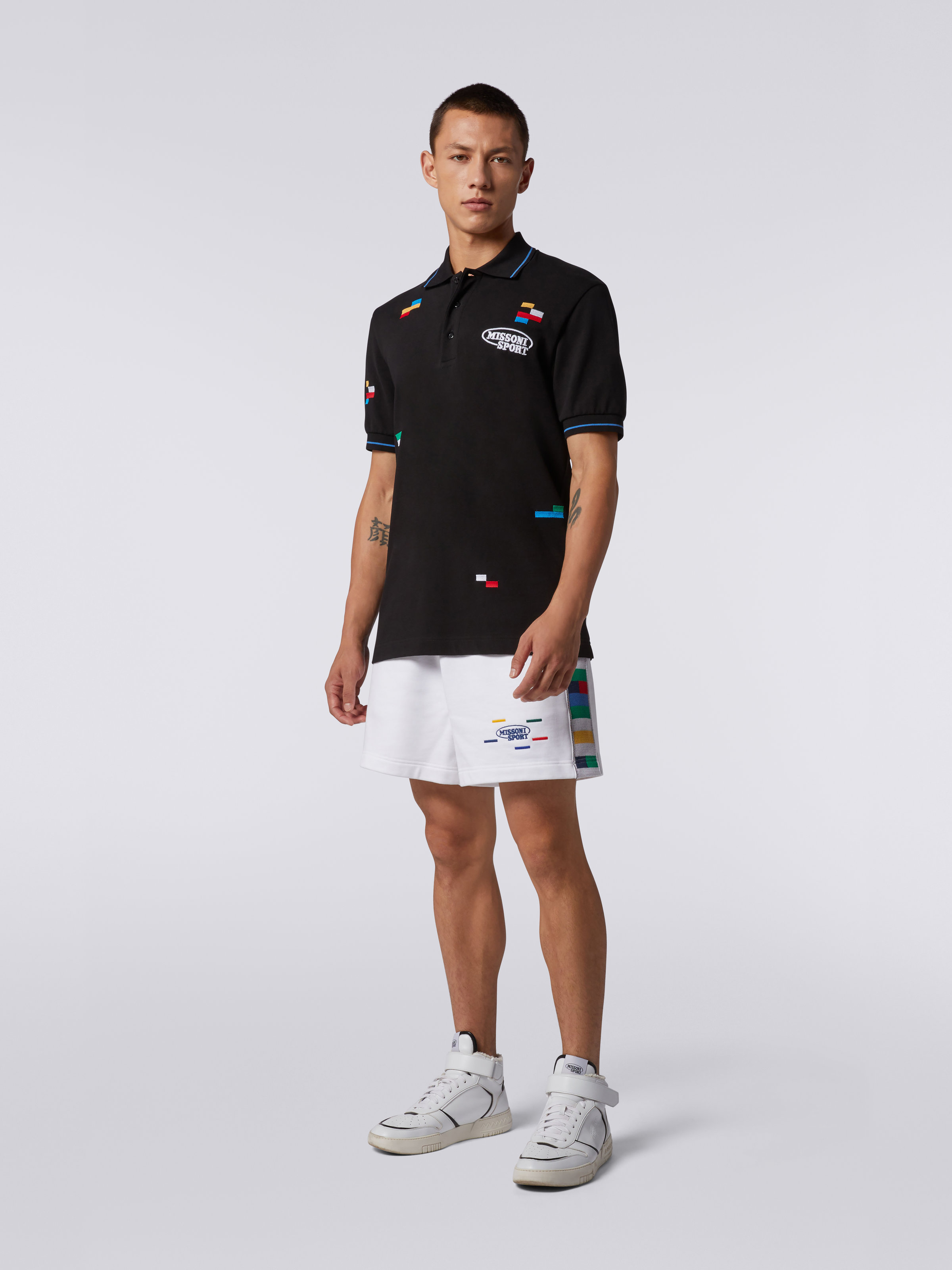 Short-sleeved polo shirt in cotton piqué with embroidered pixels, Black & Multicoloured - 1