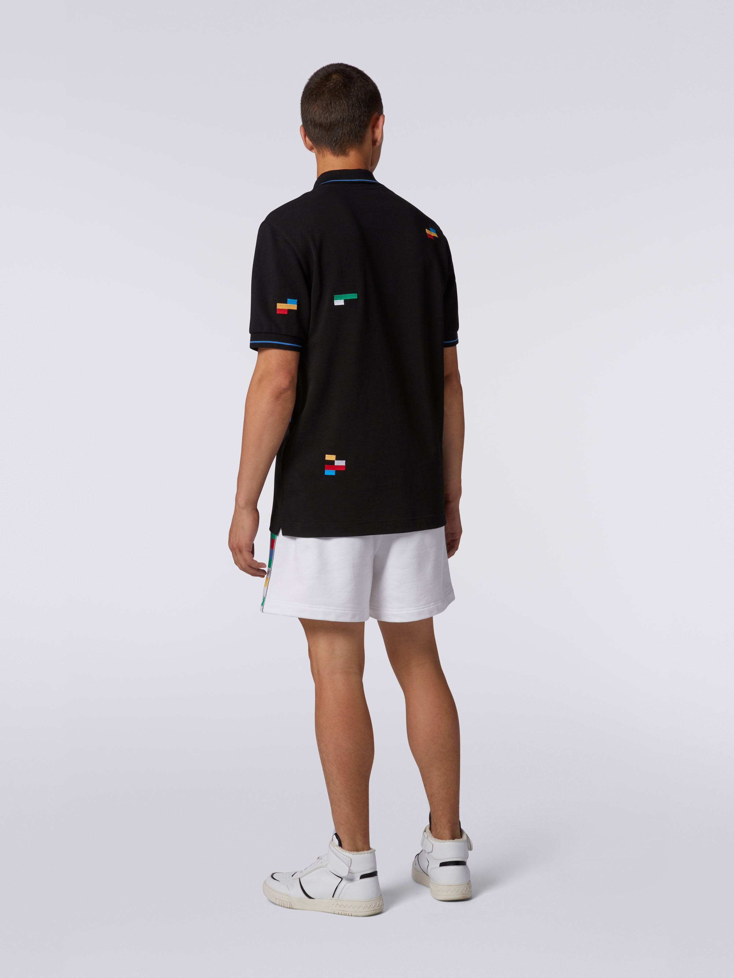 Short-sleeved polo shirt in cotton piqué with embroidered pixels, Black & Multicoloured - 3