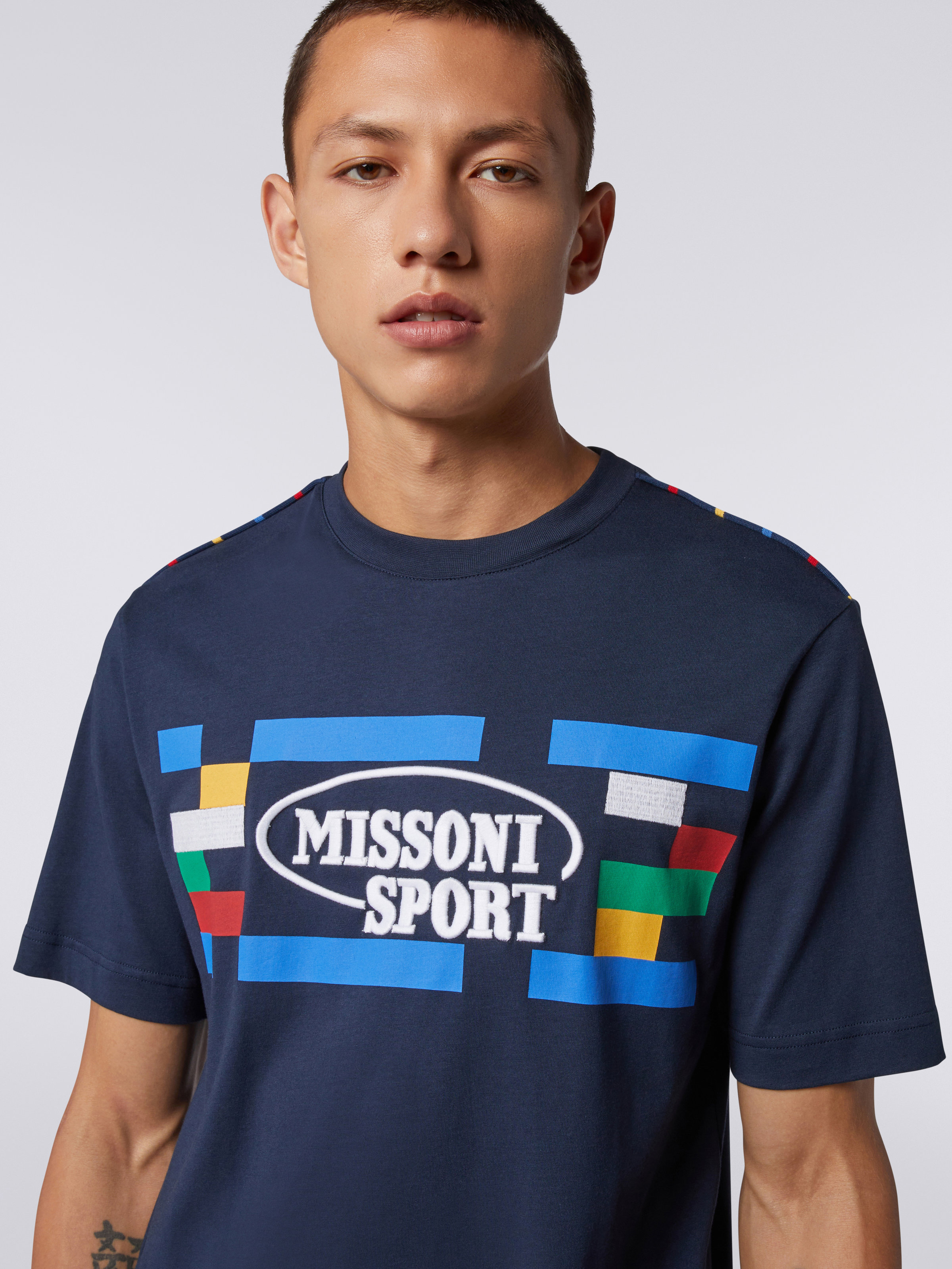 Crew-neck cotton T-shirt with embroidery print, Navy Blue  - 4
