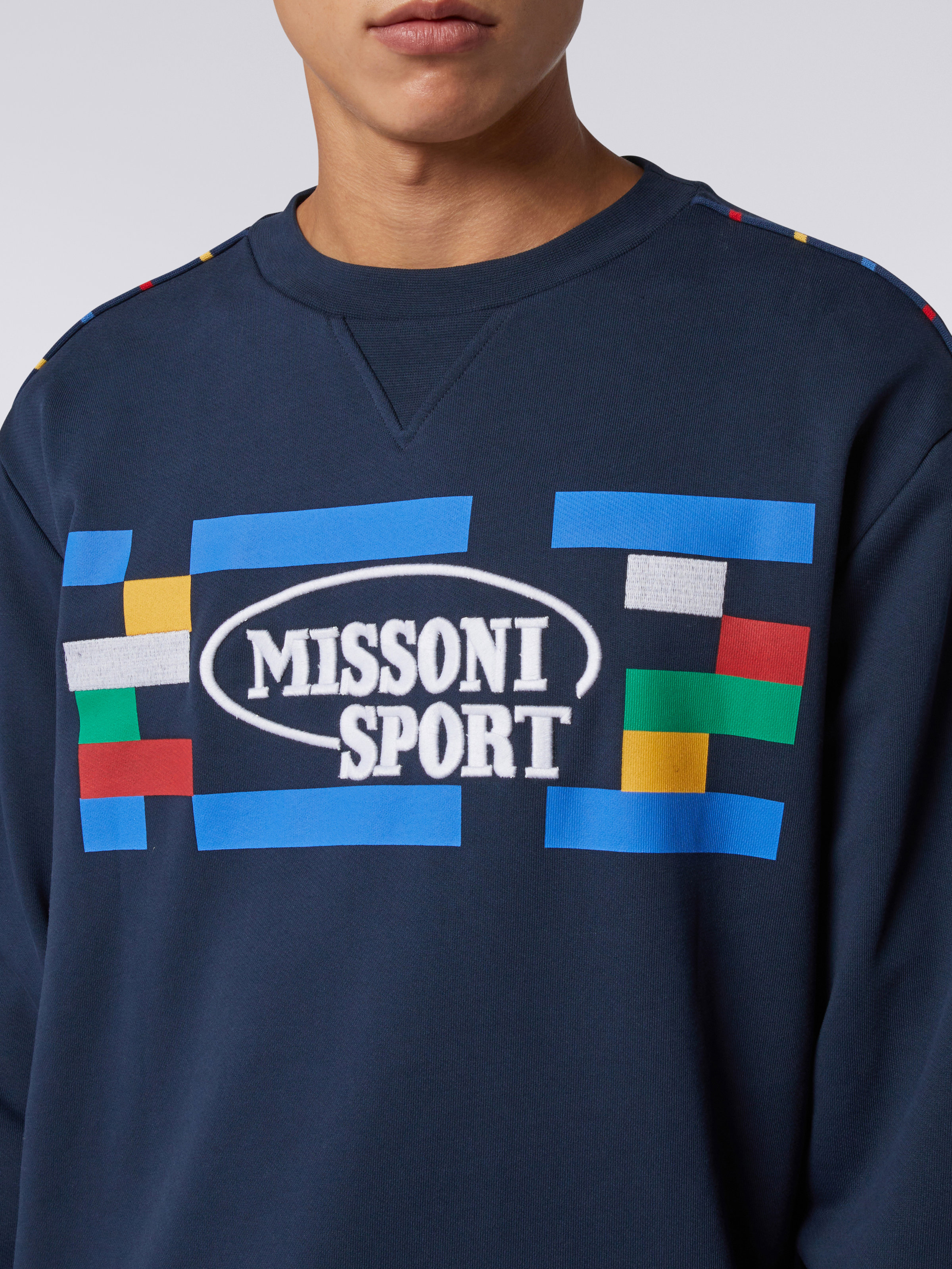Crew-neck cotton sweatshirt with Legacy logo and knitted piping, Navy Blue  - 4
