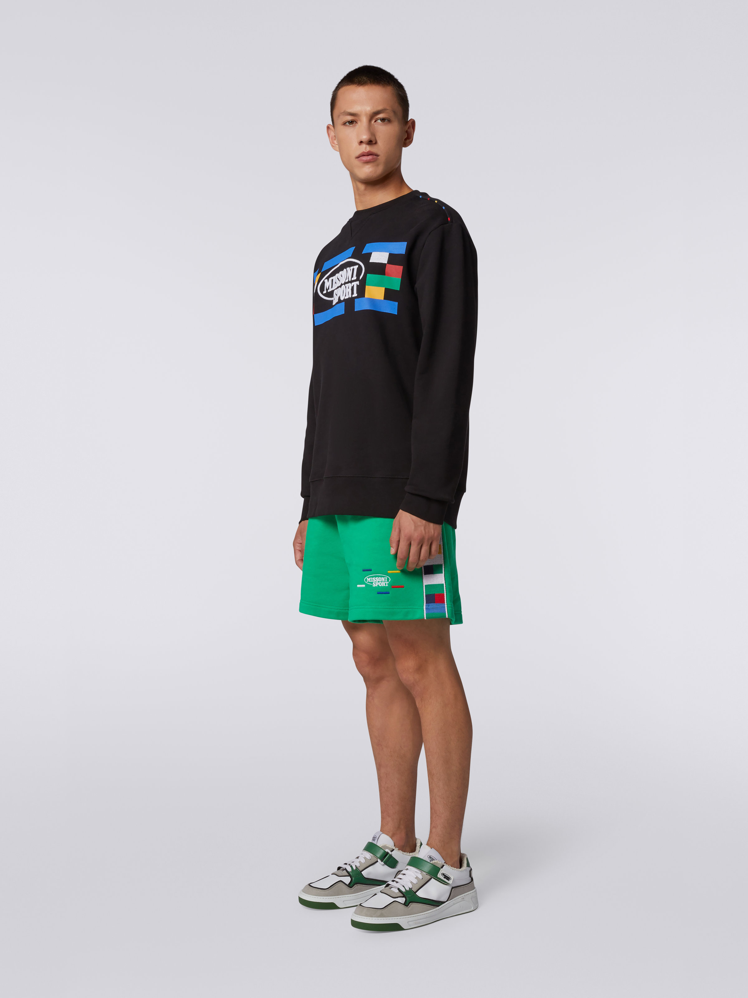 Crew-neck cotton sweatshirt with Legacy logo and knitted piping, Black & Multicoloured - 2