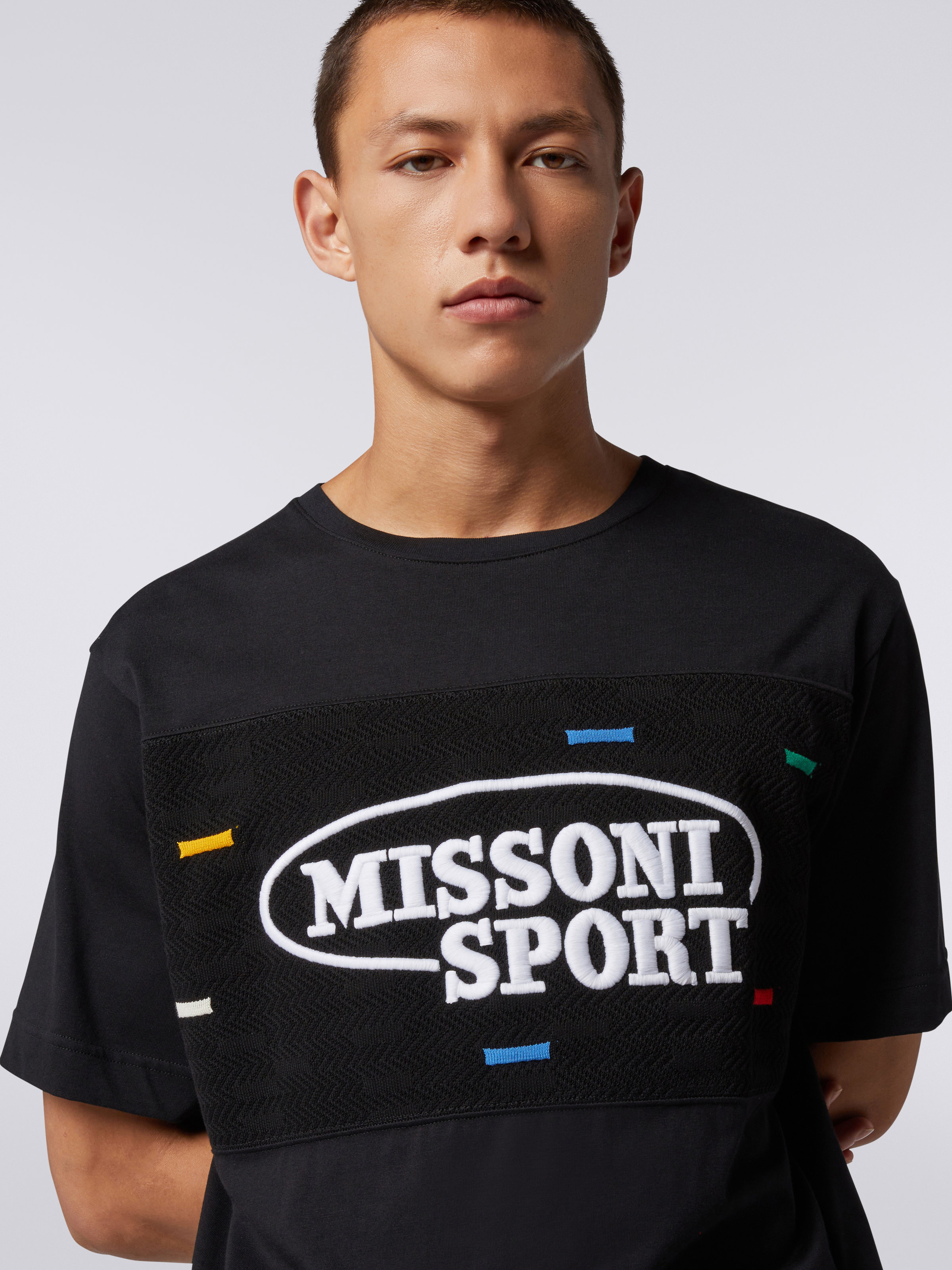 Cotton crew-neck T-shirt with knitted insert and logo, Black & Multicoloured - 4