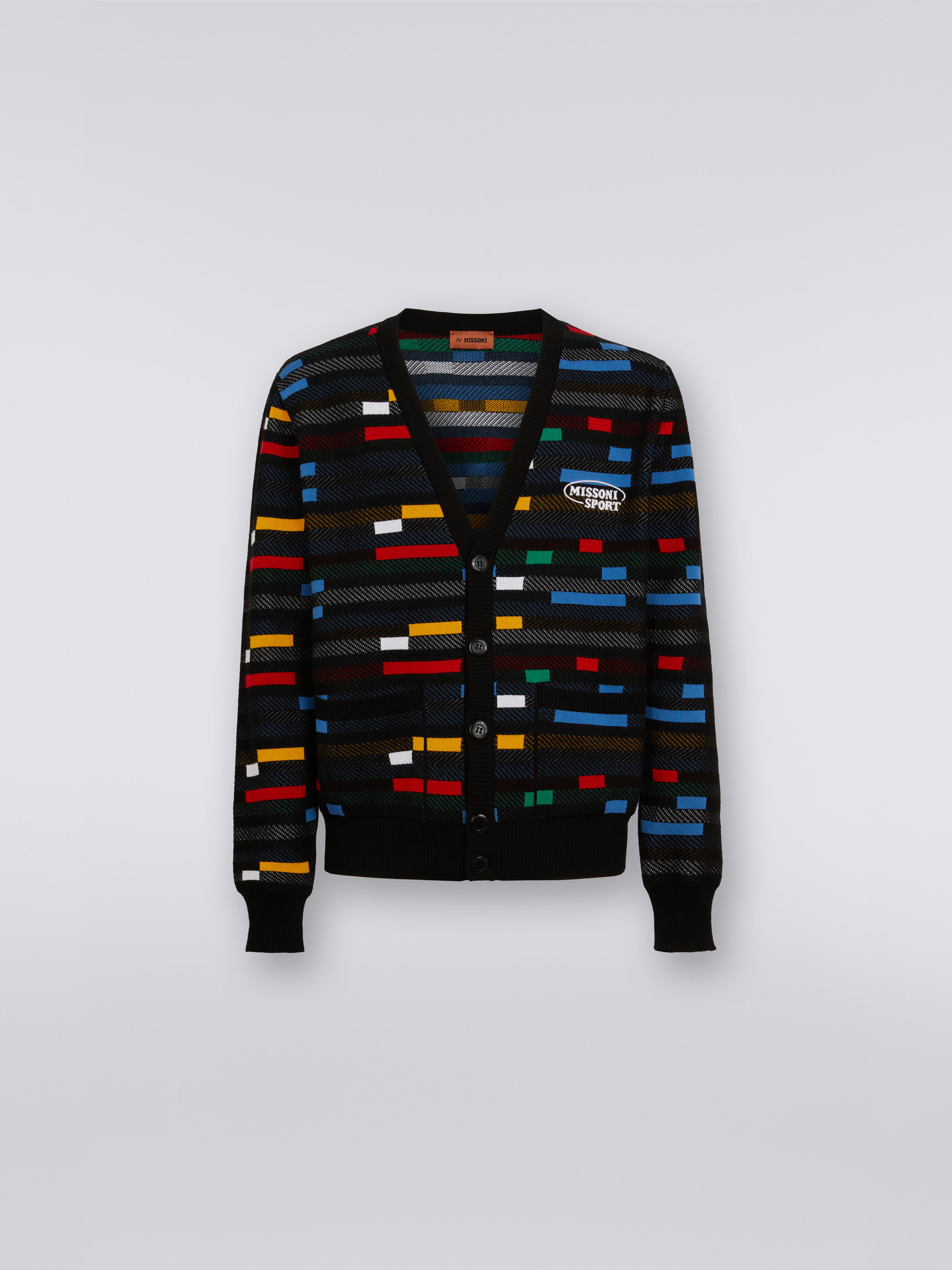 Jacquard viscose cardigan with multicoloured pixels, Black    - 0