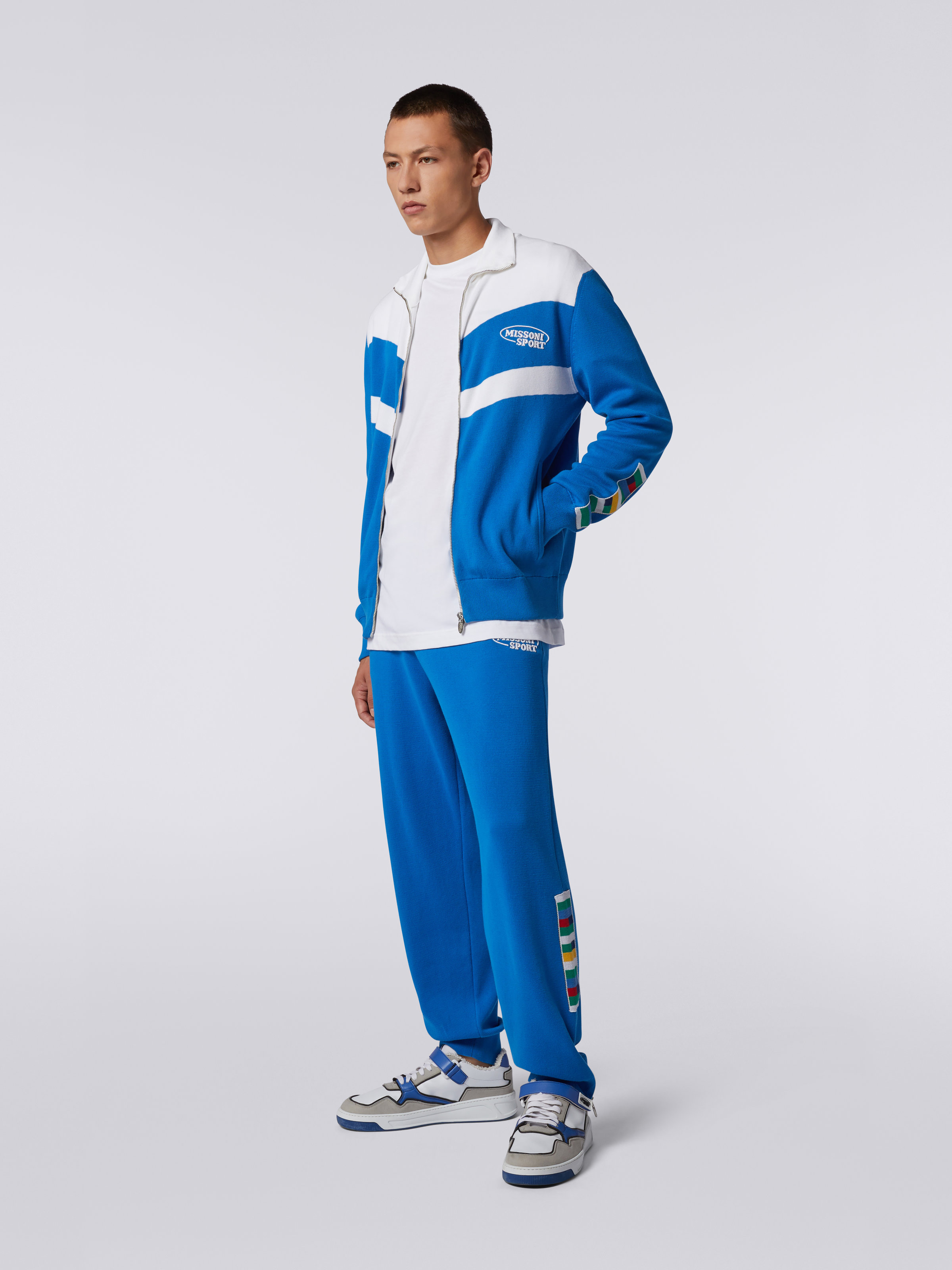 Cotton knit cardigan with logo, White & Blue  - 2